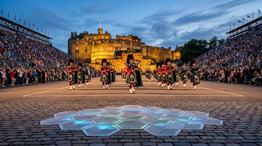 A bustling scene on the Castle Esplanade in Edinburgh during the Royal Edinburgh Military Tattoo, showcasing innovative net-zero piezoelectric pavers. In the foreground, the vibrantly designed pavers are illuminated with soft ambient lighting that highlights their futuristic texture. The middle ground features participants dressed in traditional Scottish military attire, engaged in a ceremonial performance, their movements synchronized and dynamic, capturing a sense of national pride. The majestic Edinburgh Castle looms in the background, bathed in warm golden evening light, with a clear sky transitioning to twilight. The overall atmosphere is festive and inspiring, embodying a harmonious blend of tradition and modern technology in a sustainable context. The image captures the excitement and spirit of community and innovation present at this iconic event. A bustling scene on the Castle Esplanade in Edinburgh during the Royal Edinburgh Military Tattoo, showcasing innovative net-zero piezoelectric pavers. In the foreground, the vibrantly designed pavers are illuminated with soft ambient lighting that highlights their futuristic texture. The middle ground features participants dressed in traditional Scottish military attire, engaged in a ceremonial performance, their movements synchronized and dynamic, capturing a sense of national pride. The majestic Edinburgh Castle looms in the background, bathed in warm golden evening light, with a clear sky transitioning to twilight. The overall atmosphere is festive and inspiring, embodying a harmonious blend of tradition and modern technology in a sustainable context. The image captures the excitement and spirit of community and innovation present at this iconic event.