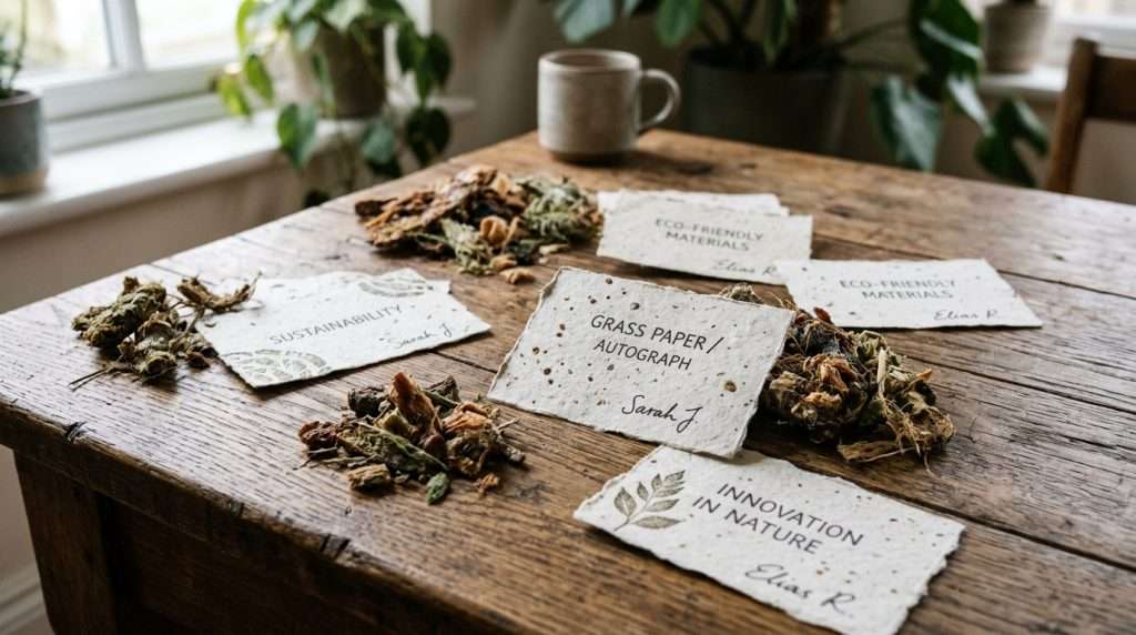A close-up view of a rustic wooden table featuring an array of dried pitch clippings and grass paper autograph cards elegantly spread out. The dried pitch clippings are textured and earthy, showcasing natural shades of brown and green, while the grass paper cards display subtle, organic patterns that hint at sustainability. Soft, diffused natural light filters in from one side, casting gentle shadows and highlighting the textures. In the background, hints of greenery or a blurred indoor space can be seen, creating a serene atmosphere. The composition conveys a sense of calm and eco-friendliness, inviting viewers to reflect on innovative materials and a sustainable future. A close-up view of a rustic wooden table featuring an array of dried pitch clippings and grass paper autograph cards elegantly spread out. The dried pitch clippings are textured and earthy, showcasing natural shades of brown and green, while the grass paper cards display subtle, organic patterns that hint at sustainability. Soft, diffused natural light filters in from one side, casting gentle shadows and highlighting the textures. In the background, hints of greenery or a blurred indoor space can be seen, creating a serene atmosphere. The composition conveys a sense of calm and eco-friendliness, inviting viewers to reflect on innovative materials and a sustainable future.