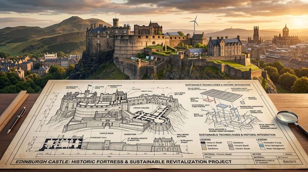 A detailed engineering blueprint of a historic Scottish castle, specifically Edinburgh Castle, displayed prominently in the foreground. The blueprint features intricate designs showcasing its robust stone architecture, sustainable technologies, and volcanic materials in a layered format. In the middle ground, a stylized representation of the castle incorporates environmental elements, like greenery and renewable energy sources, blending seamlessly with the engineering concepts. The background illustrates a dramatic Scottish skyline with rolling hills and the silhouette of ancient structures, bathed in warm, golden hour lighting to create a sense of historical grandeur and future-leaning innovation. The overall mood is one of reverence and optimism, symbolizing the blend of heritage and cutting-edge engineering. A detailed engineering blueprint of a historic Scottish castle, specifically Edinburgh Castle, displayed prominently in the foreground. The blueprint features intricate designs showcasing its robust stone architecture, sustainable technologies, and volcanic materials in a layered format. In the middle ground, a stylized representation of the castle incorporates environmental elements, like greenery and renewable energy sources, blending seamlessly with the engineering concepts. The background illustrates a dramatic Scottish skyline with rolling hills and the silhouette of ancient structures, bathed in warm, golden hour lighting to create a sense of historical grandeur and future-leaning innovation. The overall mood is one of reverence and optimism, symbolizing the blend of heritage and cutting-edge engineering.