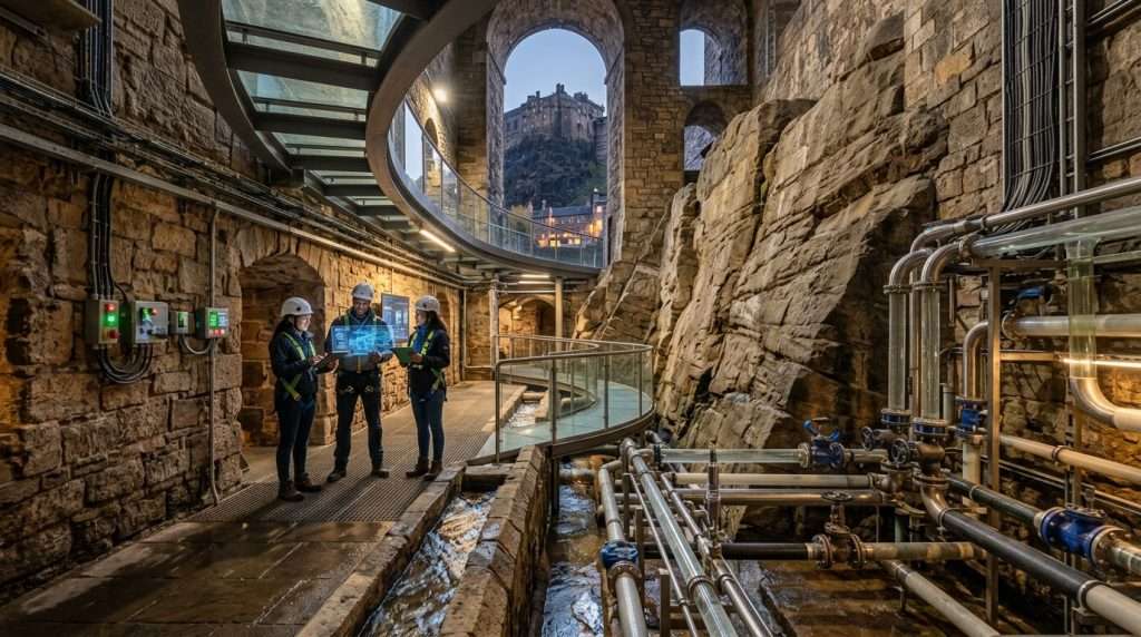 A detailed underground view of subsurface hydrologic heritage engineering beneath Edinburgh Castle in 2050. In the foreground, meticulously designed pipes and water channels intertwined with ancient stonework, showcasing a blend of modern technology and heritage architecture. In the middle ground, engineers in professional attire analyze blueprints and monitor water flow, illuminated by soft, ambient lighting that highlights the textures of the stone walls. Background features the silhouette of Edinburgh Castle above ground, hinting at its historical significance. Use a low-angle perspective to emphasize the scale of the engineering marvels, capturing a mood of innovation and reverence. Aim for a harmonious blend of natural elements and technology, evoking a sense of awe and sustainability within this subterranean environment. A detailed underground view of subsurface hydrologic heritage engineering beneath Edinburgh Castle in 2050. In the foreground, meticulously designed pipes and water channels intertwined with ancient stonework, showcasing a blend of modern technology and heritage architecture. In the middle ground, engineers in professional attire analyze blueprints and monitor water flow, illuminated by soft, ambient lighting that highlights the textures of the stone walls. Background features the silhouette of Edinburgh Castle above ground, hinting at its historical significance. Use a low-angle perspective to emphasize the scale of the engineering marvels, capturing a mood of innovation and reverence. Aim for a harmonious blend of natural elements and technology, evoking a sense of awe and sustainability within this subterranean environment.