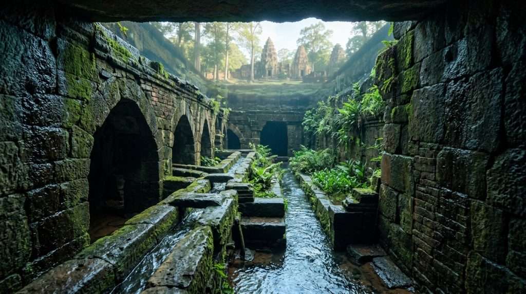 A detailed underground view of the West Baray hydrologic matrix beneath Angkor's ancient moats, showcasing a complex network of ancient aqueducts and water channels. In the foreground, intricate stonework and moss-covered bricks highlight the engineering marvel of the Khmer civilization. The middle section features flowing water, mirroring the historic irrigation systems, with lush aquatic plants thriving along the edges. In the background, semi-transparent layers reveal a glimpse of the surrounding landscape, with elements of ancient temple architecture softly illuminated by dappled sunlight filtering through the moat's surface. The atmosphere conveys a sense of serene mystery, with cool blue and green tones predominating, emphasizing the harmony of nature and engineering. Shot from a slightly elevated angle to capture depth and dimension, focusing on the intricate details of the hydrologic system. A detailed underground view of the West Baray hydrologic matrix beneath Angkor's ancient moats, showcasing a complex network of ancient aqueducts and water channels. In the foreground, intricate stonework and moss-covered bricks highlight the engineering marvel of the Khmer civilization. The middle section features flowing water, mirroring the historic irrigation systems, with lush aquatic plants thriving along the edges. In the background, semi-transparent layers reveal a glimpse of the surrounding landscape, with elements of ancient temple architecture softly illuminated by dappled sunlight filtering through the moat's surface. The atmosphere conveys a sense of serene mystery, with cool blue and green tones predominating, emphasizing the harmony of nature and engineering. Shot from a slightly elevated angle to capture depth and dimension, focusing on the intricate details of the hydrologic system.