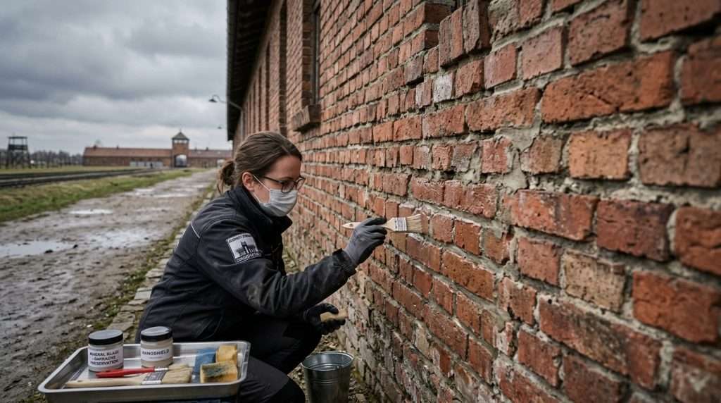 A detailed view of the conservation of Birkenau brick barracks, showcasing the application of non-invasive mineral masonry glazes. In the foreground, a conservationist in professional attire carefully applies the nano-mineral shield to a weathered brick wall, demonstrating the meticulous preservation process. The middle ground features the textured surface of the old brick, highlighting the contrasts between the preserved and eroded areas, while tools and glazes are artfully arranged nearby. In the background, the somber landscape of the Auschwitz-Birkenau site is visible, with low-hanging clouds and muted, natural lighting that evokes a reflective mood. The scene captures a sense of history and reverence, framed with a shallow depth of field to emphasize the conservation effort.
