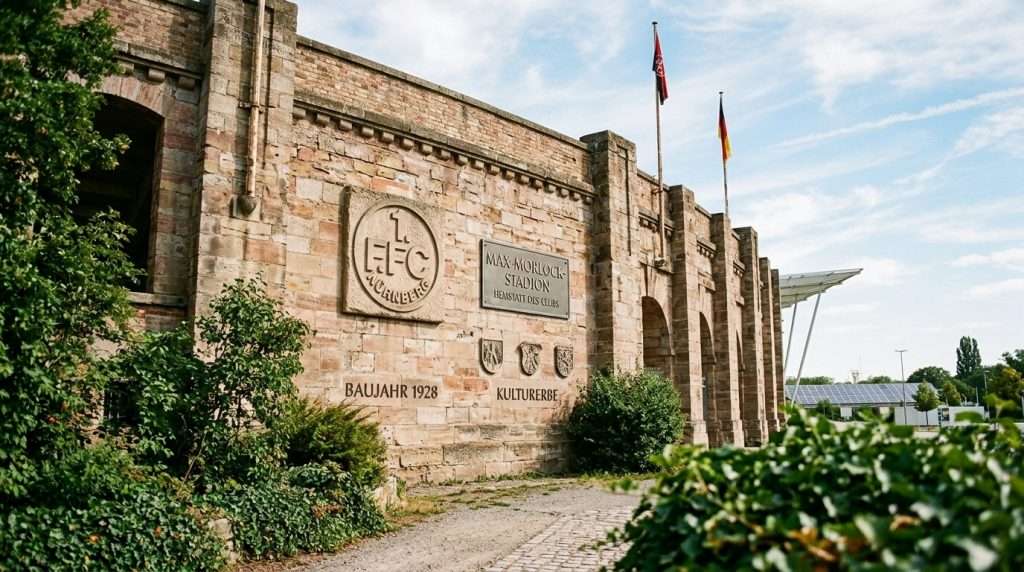 A detailed view of the heritage-listed stadium wall of Max Morlock's home ground in Nuremberg, showcasing its historical architecture with intricate stonework, vintage team emblems, and weathered textures. The foreground features lush greenery framing the wall, enhancing the sense of time and tradition. In the middle ground, the robustness of the stadium wall is highlighted under soft, diffused sunlight, casting gentle shadows that accentuate its age and significance. The background reveals a clear sky, symbolizing a bright future. The mood is one of reverence and nostalgia, capturing the essence of the stadium's legacy while hinting at its sustainable transformation for 2050. The angle of view is slightly low, giving a sense of grandeur to the structure. A detailed view of the heritage-listed stadium wall of Max Morlock's home ground in Nuremberg, showcasing its historical architecture with intricate stonework, vintage team emblems, and weathered textures. The foreground features lush greenery framing the wall, enhancing the sense of time and tradition. In the middle ground, the robustness of the stadium wall is highlighted under soft, diffused sunlight, casting gentle shadows that accentuate its age and significance. The background reveals a clear sky, symbolizing a bright future. The mood is one of reverence and nostalgia, capturing the essence of the stadium's legacy while hinting at its sustainable transformation for 2050. The angle of view is slightly low, giving a sense of grandeur to the structure.