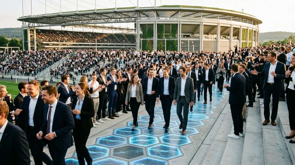 A dynamic view of the Nordwestkurve kinetic microgrid featuring piezoelectric flooring beneath vibrant stadium terraces filled with enthusiastic fans. In the foreground, showcase the innovative flooring technology with glowing panels capturing energy from foot traffic, reflecting a sense of motion. The middle ground should display diverse groups of fans dressed in professional business attire, engaging with the environment in a lively atmosphere, some interacting with the flooring. In the background, an architectural view of the stadium reveals its modern design and green spaces, emphasizing sustainability. Use natural lighting with a warm golden hour glow to create an inviting and optimistic mood, captured from a slightly elevated angle to highlight the interaction between fans and the microgrid technology. No text or branding elements should be present. A dynamic view of the Nordwestkurve kinetic microgrid featuring piezoelectric flooring beneath vibrant stadium terraces filled with enthusiastic fans. In the foreground, showcase the innovative flooring technology with glowing panels capturing energy from foot traffic, reflecting a sense of motion. The middle ground should display diverse groups of fans dressed in professional business attire, engaging with the environment in a lively atmosphere, some interacting with the flooring. In the background, an architectural view of the stadium reveals its modern design and green spaces, emphasizing sustainability. Use natural lighting with a warm golden hour glow to create an inviting and optimistic mood, captured from a slightly elevated angle to highlight the interaction between fans and the microgrid technology. No text or branding elements should be present.