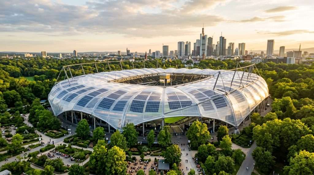 A futuristic aerial view of Deutsche Bank Park, featuring an innovative PTFE membrane solar roof technology. In the foreground, the sleek, translucent membrane glistens under sunlight, showcasing its flexibility and modern design. The middle ground highlights a green, sustainable urban environment with lush trees and landscaped seating areas. In the background, the iconic skyline of Frankfurt harmonizes with the park's greenery, emphasizing the contrast between nature and technology. Soft, diffused lighting bathes the scene, creating a serene and optimistic atmosphere. Capture this vibrant setting during the golden hour, with a focus on the interplay of light and shadow across the solar roof, highlighting its unique textures and structures. A futuristic aerial view of Deutsche Bank Park, featuring an innovative PTFE membrane solar roof technology. In the foreground, the sleek, translucent membrane glistens under sunlight, showcasing its flexibility and modern design. The middle ground highlights a green, sustainable urban environment with lush trees and landscaped seating areas. In the background, the iconic skyline of Frankfurt harmonizes with the park's greenery, emphasizing the contrast between nature and technology. Soft, diffused lighting bathes the scene, creating a serene and optimistic atmosphere. Capture this vibrant setting during the golden hour, with a focus on the interplay of light and shadow across the solar roof, highlighting its unique textures and structures.