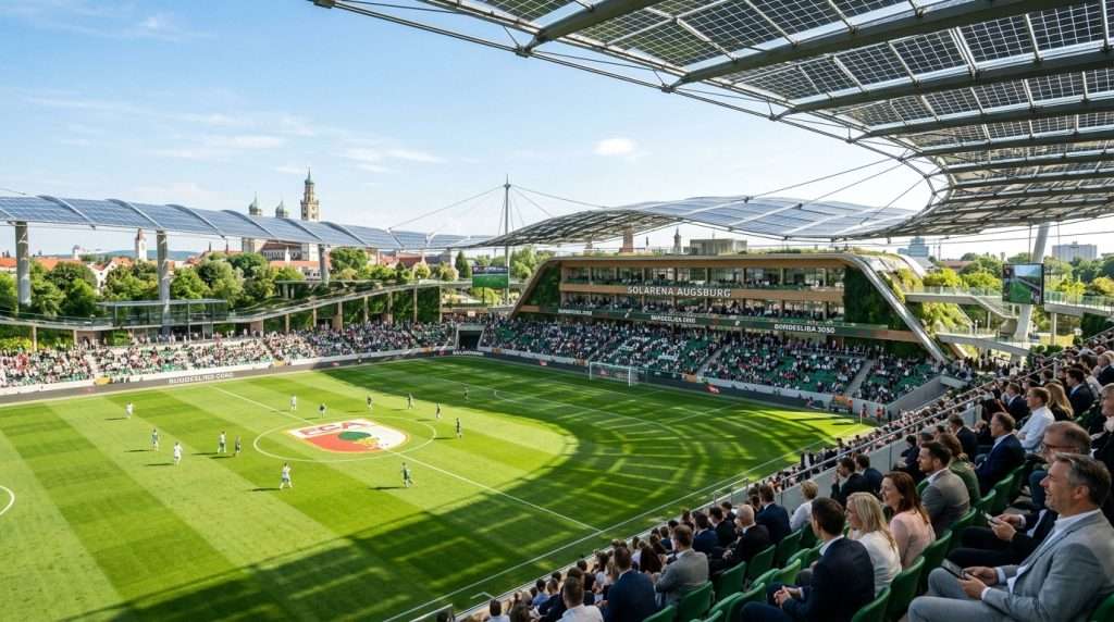 A futuristic football arena in Augsburg featuring an innovative solar roof membrane that seamlessly integrates with the structure. In the foreground, a meticulously maintained football pitch glows under soft, natural lighting, with shadows cast by the solar panels above. The middle ground showcases the arena's sleek, modern architecture, characterized by sustainable materials and green walls, while spectators in professional business attire enjoy the atmosphere. In the background, a clear blue sky enhances the vibrant scene, with hints of urban greenery peeking through. The image captures a lively and optimistic mood, emphasizing a harmonious blend of nature and technology in the year 2050. A wide-angle perspective highlights the impressive scale and ecological design of this eco-friendly landmark. A futuristic football arena in Augsburg featuring an innovative solar roof membrane that seamlessly integrates with the structure. In the foreground, a meticulously maintained football pitch glows under soft, natural lighting, with shadows cast by the solar panels above. The middle ground showcases the arena's sleek, modern architecture, characterized by sustainable materials and green walls, while spectators in professional business attire enjoy the atmosphere. In the background, a clear blue sky enhances the vibrant scene, with hints of urban greenery peeking through. The image captures a lively and optimistic mood, emphasizing a harmonious blend of nature and technology in the year 2050. A wide-angle perspective highlights the impressive scale and ecological design of this eco-friendly landmark.