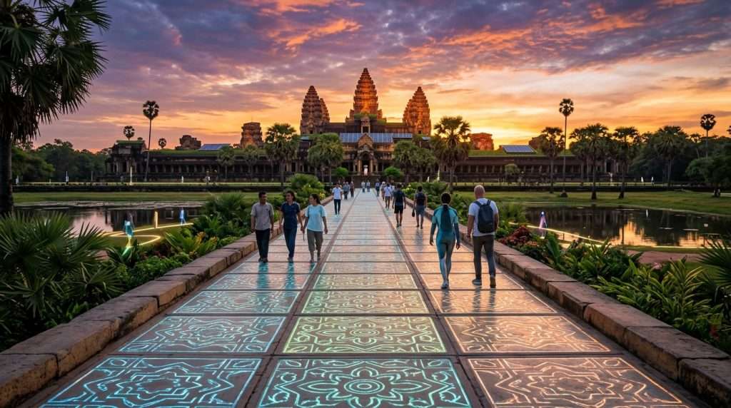 A futuristic scene of Siem Reap's Angkor temple complex in the year 2050, featuring an innovative causeway lined with glowing piezoelectric pavers that harness the energy from footsteps. In the foreground, intricate patterns of these pavers illuminate softly under ambient lighting, reflecting the surrounding lush greenery. The middle ground showcases ancient temple structures, with a blend of traditional Khmer architecture and modern sustainable elements, such as solar panels blending seamlessly into the environment. In the background, a vibrant sunset casts hues of orange and purple over the horizon, enhancing the ethereal atmosphere. The scene is captured from a low angle to emphasize the pavers and the grandeur of the temple architecture, evoking a sense of harmony between innovation and heritage. The overall mood is optimistic and inspiring, highlighting the blend of history and future technology. A futuristic scene of Siem Reap's Angkor temple complex in the year 2050, featuring an innovative causeway lined with glowing piezoelectric pavers that harness the energy from footsteps. In the foreground, intricate patterns of these pavers illuminate softly under ambient lighting, reflecting the surrounding lush greenery. The middle ground showcases ancient temple structures, with a blend of traditional Khmer architecture and modern sustainable elements, such as solar panels blending seamlessly into the environment. In the background, a vibrant sunset casts hues of orange and purple over the horizon, enhancing the ethereal atmosphere. The scene is captured from a low angle to emphasize the pavers and the grandeur of the temple architecture, evoking a sense of harmony between innovation and heritage. The overall mood is optimistic and inspiring, highlighting the blend of history and future technology.