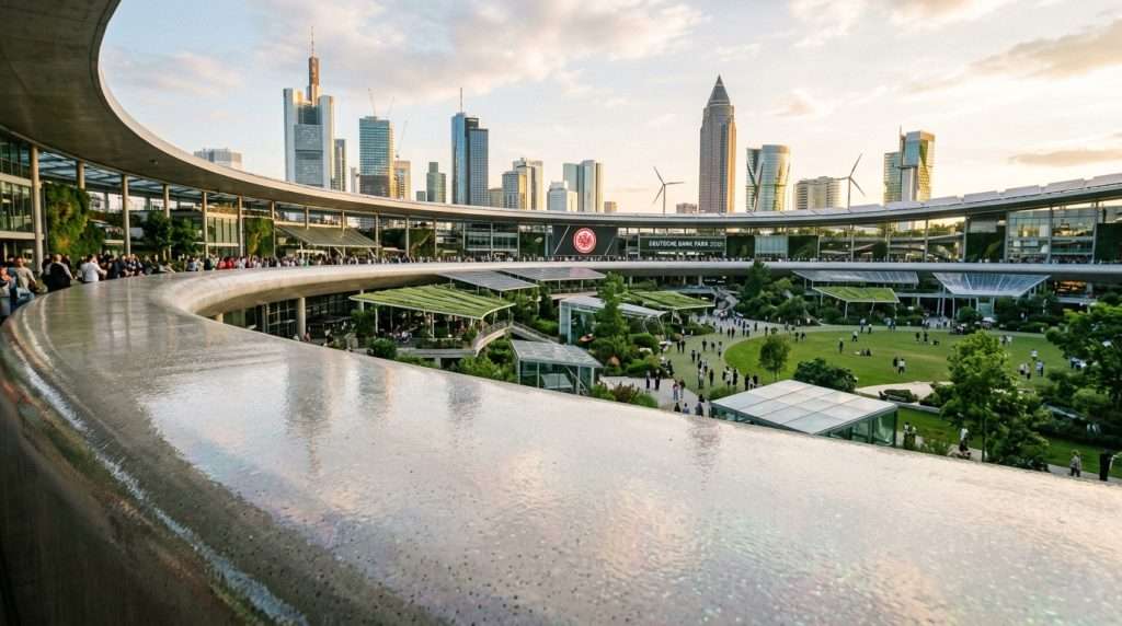 A futuristic scene set at Deutsche Bank Park in 2050, showcasing a concrete bowl coated with a shimmering nano-mineral glaze to emphasize its protective qualities. In the foreground, a close-up of the glossy surface of the bowl contrasts with subtle textures, revealing the advanced technology of low-carbon sealants. The middle ground features lush greenery and modern architectural elements harmonizing with nature, highlighting sustainability. In the background, a vibrant skyline reflects the advancements of the future. The lighting is soft and diffused, casting gentle shadows, while late afternoon sun adds warmth to the atmosphere. A wide-angle perspective captures the grandeur of the park's transformation, evoking both hope and innovation. A futuristic scene set at Deutsche Bank Park in 2050, showcasing a concrete bowl coated with a shimmering nano-mineral glaze to emphasize its protective qualities. In the foreground, a close-up of the glossy surface of the bowl contrasts with subtle textures, revealing the advanced technology of low-carbon sealants. The middle ground features lush greenery and modern architectural elements harmonizing with nature, highlighting sustainability. In the background, a vibrant skyline reflects the advancements of the future. The lighting is soft and diffused, casting gentle shadows, while late afternoon sun adds warmth to the atmosphere. A wide-angle perspective captures the grandeur of the park's transformation, evoking both hope and innovation.