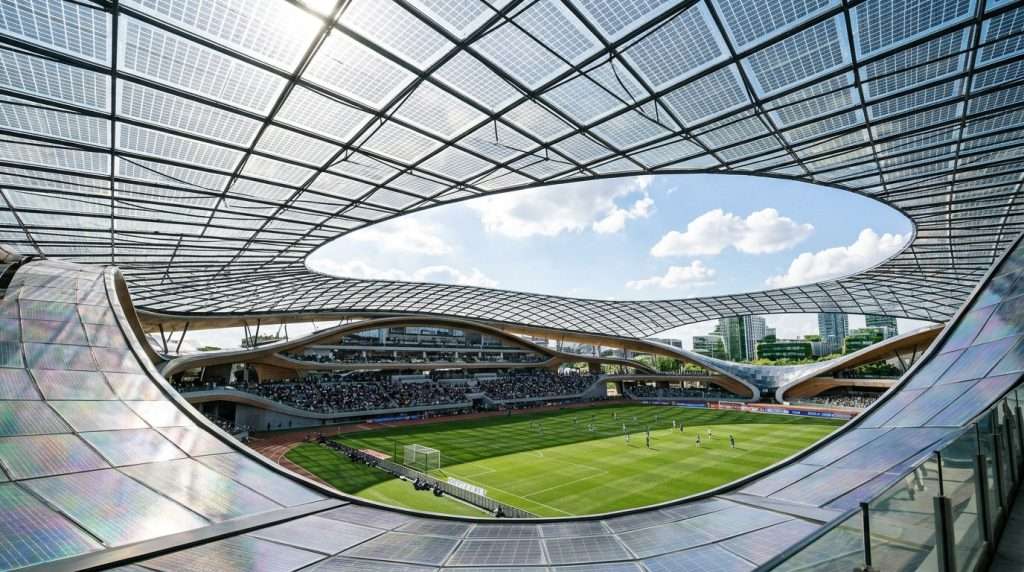 A futuristic stadium under a translucent solar roof canopy, allowing soft, diffused sunlight to illuminate the vibrant green turf below. In the foreground, sleek, solar-woven panels glisten with a subtle iridescence, framing the arena's edges. The middle ground showcases the stadium's innovative architecture, blending modern design with organic shapes, accented by eco-friendly materials. In the background, a blue sky dotted with fluffy clouds enhances the uplifting atmosphere. The scene captures a bright and airy mood, emphasizing sustainability and renewal. The angle is slightly elevated to showcase the canopy's intricate structure while focusing on the field. The lighting is soft and natural, with a focus on shadows playing over the grass, creating a dynamic interplay of light and texture. A futuristic stadium under a translucent solar roof canopy, allowing soft, diffused sunlight to illuminate the vibrant green turf below. In the foreground, sleek, solar-woven panels glisten with a subtle iridescence, framing the arena's edges. The middle ground showcases the stadium's innovative architecture, blending modern design with organic shapes, accented by eco-friendly materials. In the background, a blue sky dotted with fluffy clouds enhances the uplifting atmosphere. The scene captures a bright and airy mood, emphasizing sustainability and renewal. The angle is slightly elevated to showcase the canopy's intricate structure while focusing on the field. The lighting is soft and natural, with a focus on shadows playing over the grass, creating a dynamic interplay of light and texture.