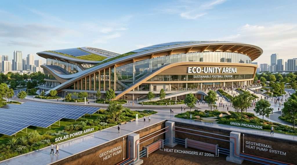A modern football stadium exterior built with sustainable materials, showcasing geothermal heat pumps integrated into the structure beneath. The foreground displays clean, polished, eco-friendly elements like solar panels and green spaces. In the middle ground, the stadium's architecture features a sleek design with large glass panels reflecting sunlight, blending natural elements with technology. In the background, a bright, clear sky enhances the scene, highlighting the innovative construction. The angle is slightly elevated, capturing the grandeur of the stadium while emphasizing its eco-friendly attributes. Soft, warm lighting casts an inviting atmosphere, conveying a sense of modernity and environmental consciousness. The overall composition inspires sustainability and innovation. A modern football stadium exterior built with sustainable materials, showcasing geothermal heat pumps integrated into the structure beneath. The foreground displays clean, polished, eco-friendly elements like solar panels and green spaces. In the middle ground, the stadium's architecture features a sleek design with large glass panels reflecting sunlight, blending natural elements with technology. In the background, a bright, clear sky enhances the scene, highlighting the innovative construction. The angle is slightly elevated, capturing the grandeur of the stadium while emphasizing its eco-friendly attributes. Soft, warm lighting casts an inviting atmosphere, conveying a sense of modernity and environmental consciousness. The overall composition inspires sustainability and innovation.
