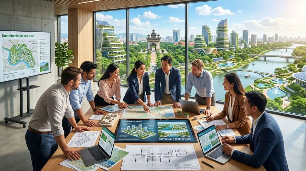 A modern planning workshop setting focusing on urban development in Vientiane, Laos. In the foreground, a diverse group of professionals in business attire are engaged in discussion around a large table filled with blueprints and digital screens displaying innovative urban designs. The middle features a large window showcasing lush greenery interspersed with futuristic buildings designed with sustainable architecture, integrating water elements into the urban landscape. The background reveals a vibrant city skyline against a clear sky. The atmosphere is collaborative and forward-thinking, with warm, natural lighting illuminating the space, captured from a slightly elevated angle to highlight both the participants and the imaginative designs, creating an inspiring and optimistic mood. A modern planning workshop setting focusing on urban development in Vientiane, Laos. In the foreground, a diverse group of professionals in business attire are engaged in discussion around a large table filled with blueprints and digital screens displaying innovative urban designs. The middle features a large window showcasing lush greenery interspersed with futuristic buildings designed with sustainable architecture, integrating water elements into the urban landscape. The background reveals a vibrant city skyline against a clear sky. The atmosphere is collaborative and forward-thinking, with warm, natural lighting illuminating the space, captured from a slightly elevated angle to highlight both the participants and the imaginative designs, creating an inspiring and optimistic mood.