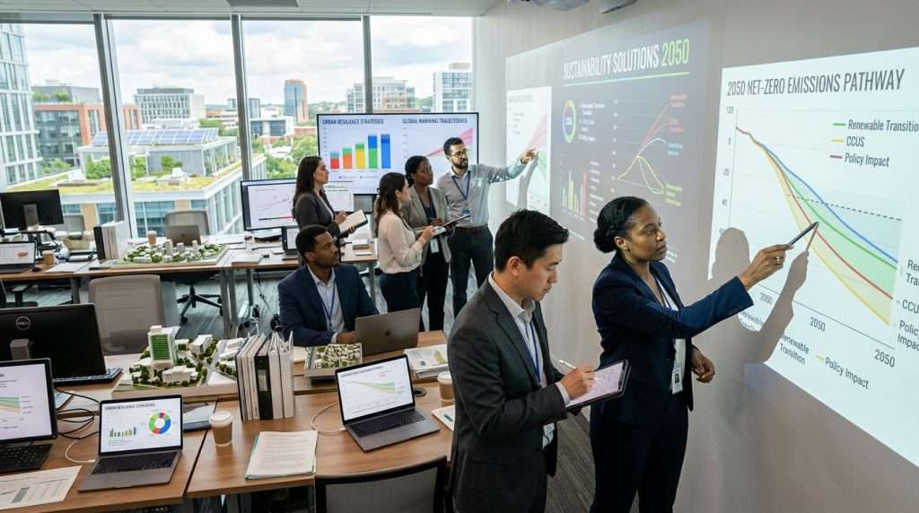 A modern research office with a group of diverse researchers, including both men and women of various ethnicities, dressed in professional business attire, intently reviewing large data collection charts and graphs projected on screens. In the foreground, a researcher points to a chart showing projections for a 2050 net-zero scenario, while another takes notes on a digital tablet. In the middle ground, various desks are filled with laptops, papers, and environmental models. The background features large windows with a view of a sustainable cityscape. Soft, natural lighting filters in, creating a collaborative and focused atmosphere. The camera angle is slightly elevated, capturing the engagement and teamwork in the room while reflecting a future-forward vision of sustainability and resilience.