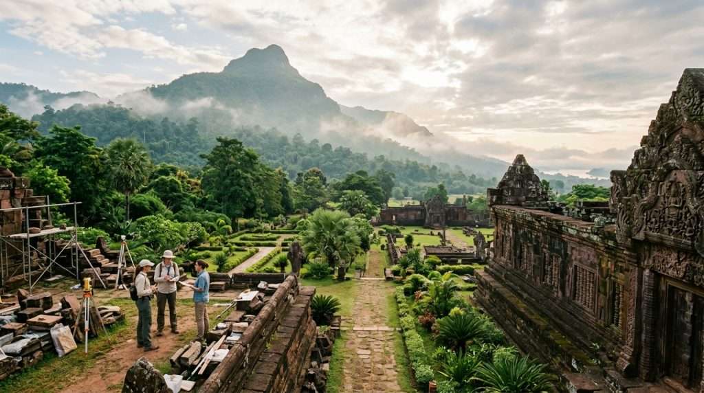 A panoramic view of archaeological sites and ancient buildings in the Champasak region, showcasing intricate stone carvings and lush greenery. In the foreground, partially restored temple structures made of sandstone with visible workmanship and symbolic motifs, surrounded by carefully maintained gardens. The middle ground features archaeologists in modest casual attire, discussing conservation efforts, with tools and materials for preservation. In the background, the Sacred Mountain rises majestically, shrouded in a gentle mist, with soft sunlight filtering through the clouds, casting dappled shadows on the terrain. Use a wide-angle lens to capture the depth of the landscape, ensuring a warm, inviting atmosphere that reflects the blend of history and nature in this serene setting.
