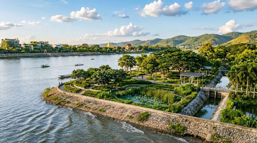 A scenic view of the Mekong River embankment designed to harness and store monsoon floodwaters, featuring lush greenery and engineered water systems like reservoirs and retention basins. In the foreground, gentle waves lap against the embankment, while strategically placed trees provide shade. The middle ground showcases innovative water management infrastructure, blending harmoniously with the landscape, under a bright blue sky filled with a few fluffy clouds. The background offers a distant view of lush hills, reflecting sustainable development. Golden sunlight bathes the scene in a warm glow, emphasizing the serene atmosphere of an eco-conscious Vientiane 2050. Capture the image from a slightly elevated angle to provide depth and context, highlighting the integration of nature and technology. A scenic view of the Mekong River embankment designed to harness and store monsoon floodwaters, featuring lush greenery and engineered water systems like reservoirs and retention basins. In the foreground, gentle waves lap against the embankment, while strategically placed trees provide shade. The middle ground showcases innovative water management infrastructure, blending harmoniously with the landscape, under a bright blue sky filled with a few fluffy clouds. The background offers a distant view of lush hills, reflecting sustainable development. Golden sunlight bathes the scene in a warm glow, emphasizing the serene atmosphere of an eco-conscious Vientiane 2050. Capture the image from a slightly elevated angle to provide depth and context, highlighting the integration of nature and technology.