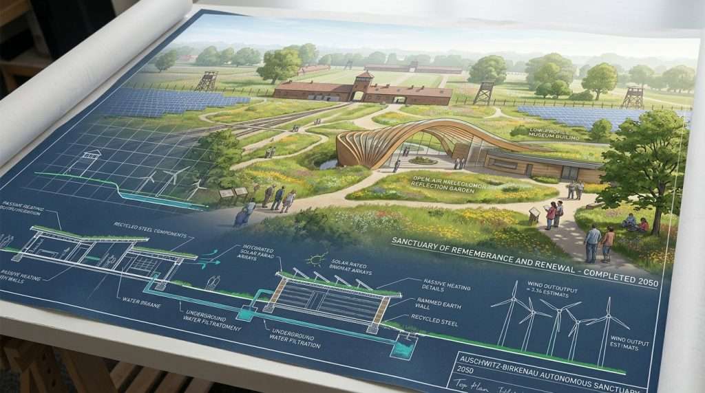 A serene and visionary blueprint for the Auschwitz-Birkenau autonomous sanctuary set in 2050. In the foreground, intricate diagrams outlining sustainable architecture and renewable energy sources, featuring solar panels and wind turbines amidst lush greenery. The middle ground shows a future-oriented memorial structure harmoniously integrated with nature, using eco-friendly materials. In the background, a digitally reimagined landscape of Auschwitz-Birkenau, with preserved historical elements, surrounded by a vibrant, biodiverse environment. Soft, diffused lighting creates an uplifting mood, symbolizing hope and renewal. The angle is slightly elevated, offering a panoramic view of this innovative sanctuary, enveloped in an ethereal, serene atmosphere.