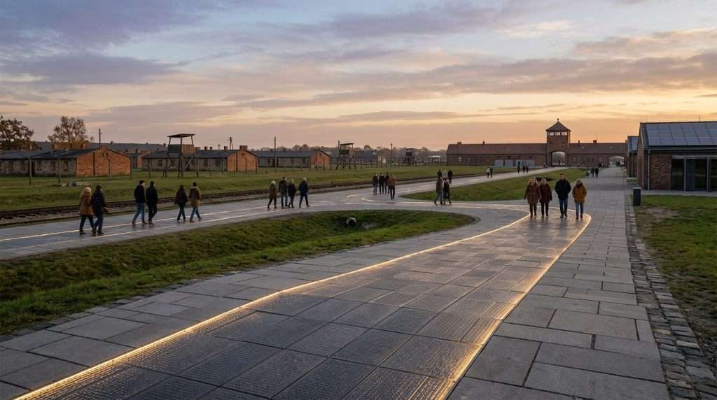 A serene landscape of the Auschwitz-Birkenau memorial, featuring innovative piezoelectric pavers embedded in a pathway. In the foreground, the pavers glisten softly under the warm light of a late afternoon sun, illustrating their clean energy function. The middle ground showcases a stark contrast of historical barracks and memorial structures, hinting at deep memories while integrating modern technology like solar panels discreetly placed on roofs. The background captures an expansive sky, with soft clouds that evoke a sense of peaceful remembrance. The angle is slightly elevated, providing an overview that emphasizes the fusion of nature, history, and technology. The mood is reflective and poignant, with a focus on sustainability and preservation of memory. The lighting is warm yet respectful, creating a hopeful atmosphere.