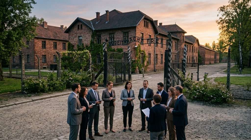 A serene, reflective scene in Oświęcim, showcasing the stark contrast between the somber historical significance of Auschwitz-Birkenau and the vibrant efforts for preservation. In the foreground, a diverse group of individuals in professional business attire gathered in a circle, discussing and sharing knowledge, their faces serious yet hopeful. The middle ground features the iconic gates of Auschwitz, subtly overgrown with greenery, symbolizing nature reclaiming space, while in the background, the remnants of the camp are illuminated by a soft, golden sunset, casting long shadows that evoke a sense of reflection and remembrance. The atmosphere is solemn yet empowering, conveying a commitment to safeguarding history for future generations. Use warm, natural lighting to enhance the scene’s tranquility and depth, captured from a slightly elevated angle to encompass both the people and the historic site harmoniously.