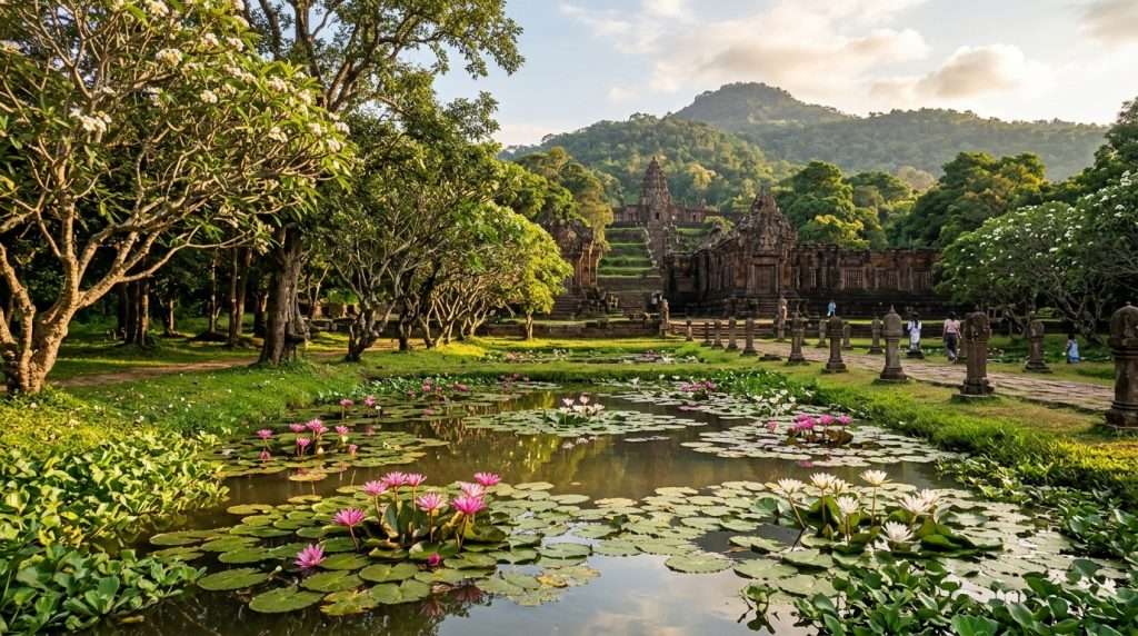 A serene water lily pond lies in the foreground, dotted with blooming pink and white lilies, their vibrant colors reflecting gently on the water's surface. The middle ground showcases majestic temple trees, their branches gracefully arching overhead, filtered sunlight casting dappled shadows on the lush green grass below. In the background, the ancient Vat Phou temple rises, its stone architecture blending harmoniously with the natural landscape. The scene is bathed in warm, golden hour light, enhancing the tranquil atmosphere. Shot with a wide-angle lens, the image captures a sense of depth, inviting the viewer to explore the sacred beauty of this historic site. The overall mood is peaceful and reverent, embodying the connection between nature and spirituality.