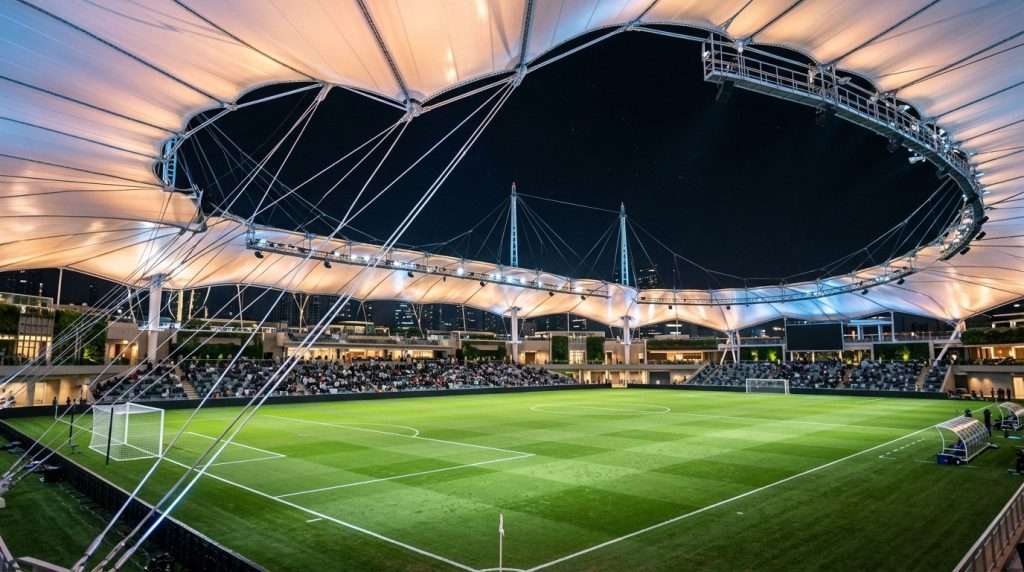 A stunning nighttime view of a cable-suspended roof gently glowing over an expansive football pitch, set in a futuristic stadium environment. The foreground features the sleek, illuminated cables gracefully arching above, casting soft shadows on the immaculate grass below. In the middle ground, the pitch is vibrant and well-maintained, with the subtle reflection of the lights adding depth. The background showcases the stadium's elegant architecture, with high-tech, net-zero design elements seamlessly integrated. The lighting is soft and ethereal, enhancing the serene atmosphere, while the camera angle captures the grandeur from a low viewpoint, emphasizing the height of the roof. The overall mood is tranquil and modern, conveying innovation and sustainability. A stunning nighttime view of a cable-suspended roof gently glowing over an expansive football pitch, set in a futuristic stadium environment. The foreground features the sleek, illuminated cables gracefully arching above, casting soft shadows on the immaculate grass below. In the middle ground, the pitch is vibrant and well-maintained, with the subtle reflection of the lights adding depth. The background showcases the stadium's elegant architecture, with high-tech, net-zero design elements seamlessly integrated. The lighting is soft and ethereal, enhancing the serene atmosphere, while the camera angle captures the grandeur from a low viewpoint, emphasizing the height of the roof. The overall mood is tranquil and modern, conveying innovation and sustainability.