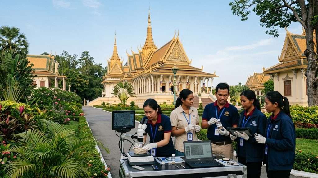 A stunning scene of the Royal Palace in Cambodia, showcasing intricate Khmer architectural details. In the foreground, a group of scientists, dressed in professional attire, are examining nano-mineral samples with high-tech equipment, symbolizing the preservation effort. The middle ground features lush gardens with vibrant flora framing the palace, while in the background, the grand golden spires and ornate rooftops of the palace glint under soft, diffused sunlight. The scene evokes a sense of harmony between tradition and modern science, with a calm and reflective atmosphere enhanced by gentle shadows and warm hues. The angle is slightly elevated, capturing the majestic scale of the palace against a clear blue sky, emphasizing both beauty and innovation in heritage preservation. A stunning scene of the Royal Palace in Cambodia, showcasing intricate Khmer architectural details. In the foreground, a group of scientists, dressed in professional attire, are examining nano-mineral samples with high-tech equipment, symbolizing the preservation effort. The middle ground features lush gardens with vibrant flora framing the palace, while in the background, the grand golden spires and ornate rooftops of the palace glint under soft, diffused sunlight. The scene evokes a sense of harmony between tradition and modern science, with a calm and reflective atmosphere enhanced by gentle shadows and warm hues. The angle is slightly elevated, capturing the majestic scale of the palace against a clear blue sky, emphasizing both beauty and innovation in heritage preservation.