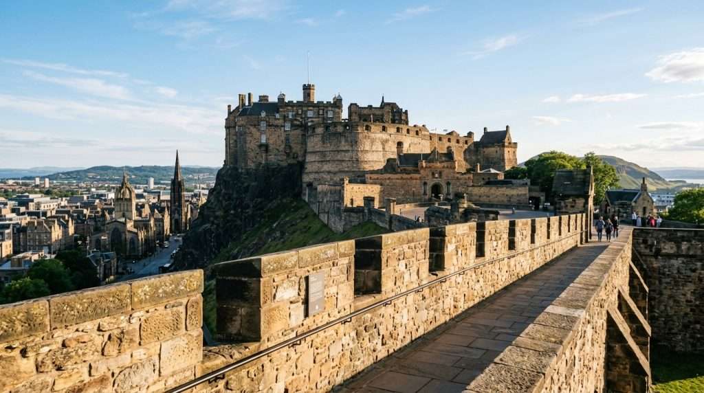 A stunning view of Edinburgh Castle, showcasing innovative non-invasive mineral masonry glazes seamlessly applied to its ancient stone surfaces. In the foreground, detailed textures of the glazes shimmer under soft, natural sunlight, reflecting their protective qualities. The middle ground features the imposing castle structure, with its rugged volcanic rock formations contrasted against the sleek, modern glazes that blend harmoniously with the historic architecture. The background presents a panoramic view of the Edinburgh skyline, with a clear blue sky punctuated by wispy clouds. The scene is illuminated with warm, golden hour lighting, creating a sense of renewal and preservation. The atmosphere conveys a sense of harmony between the past and future, emphasizing the importance of protecting this living monument while showcasing cutting-edge preservation techniques. A stunning view of Edinburgh Castle, showcasing innovative non-invasive mineral masonry glazes seamlessly applied to its ancient stone surfaces. In the foreground, detailed textures of the glazes shimmer under soft, natural sunlight, reflecting their protective qualities. The middle ground features the imposing castle structure, with its rugged volcanic rock formations contrasted against the sleek, modern glazes that blend harmoniously with the historic architecture. The background presents a panoramic view of the Edinburgh skyline, with a clear blue sky punctuated by wispy clouds. The scene is illuminated with warm, golden hour lighting, creating a sense of renewal and preservation. The atmosphere conveys a sense of harmony between the past and future, emphasizing the importance of protecting this living monument while showcasing cutting-edge preservation techniques.