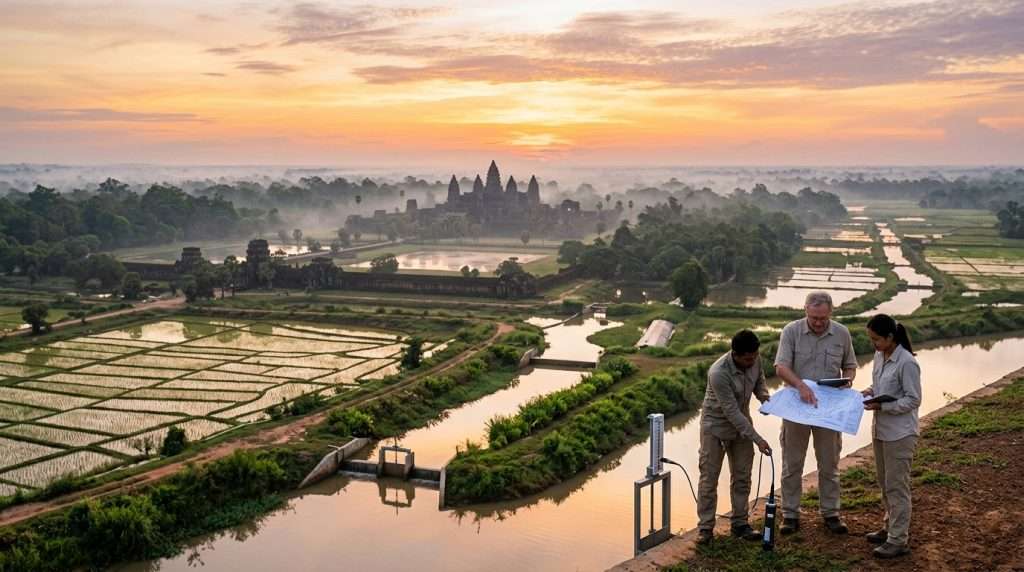 A tranquil landscape of the Khmer hydraulic empire at Angkor, showcasing advanced net-zero water engineering practices. In the foreground, intricate canals and rice paddies reflect the lush greenery, with engineers in modest casual clothing examining the water systems, using tools and blueprints. The middle ground features the iconic Angkor Wat temple, partially shrouded in mist, emphasizing the harmony of ancient architecture and modern engineering. In the background, a vibrant sunset casts golden hues across the sky, illuminating the scene with a warm glow. The atmosphere is serene and hopeful, symbolizing cultural continuity and sustainable innovation. The perspective is slightly elevated, capturing the expansiveness of the terrain and detailed engineering elements, with soft focus on the distant temple. A tranquil landscape of the Khmer hydraulic empire at Angkor, showcasing advanced net-zero water engineering practices. In the foreground, intricate canals and rice paddies reflect the lush greenery, with engineers in modest casual clothing examining the water systems, using tools and blueprints. The middle ground features the iconic Angkor Wat temple, partially shrouded in mist, emphasizing the harmony of ancient architecture and modern engineering. In the background, a vibrant sunset casts golden hues across the sky, illuminating the scene with a warm glow. The atmosphere is serene and hopeful, symbolizing cultural continuity and sustainable innovation. The perspective is slightly elevated, capturing the expansiveness of the terrain and detailed engineering elements, with soft focus on the distant temple.
