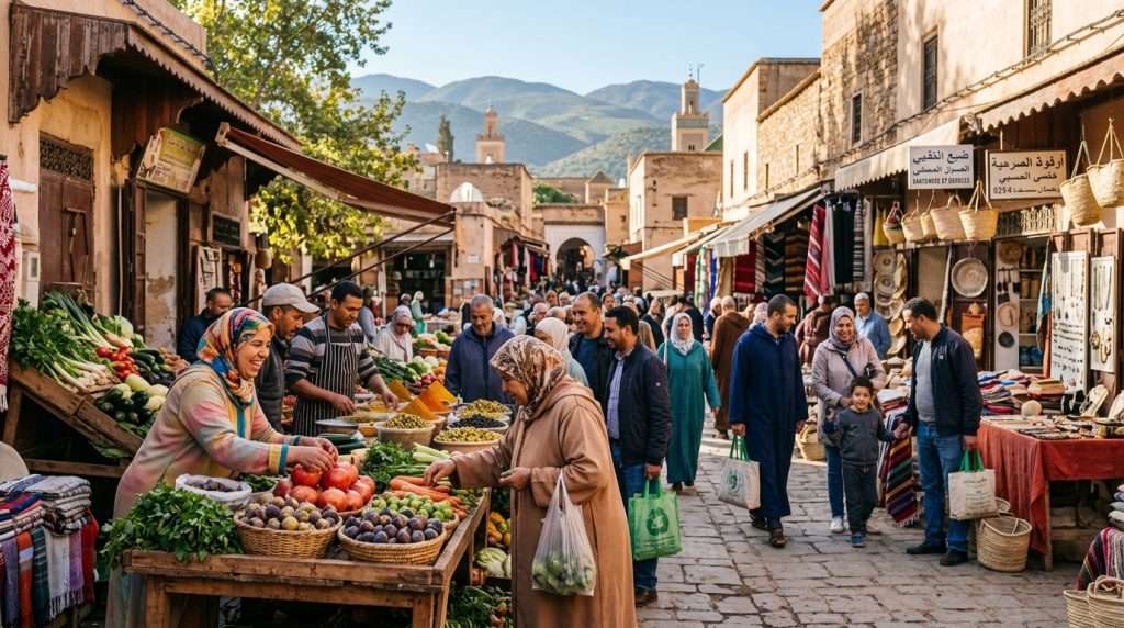 A vibrant morning market scene in a small city, showcasing residents engaged in various activities. In the foreground, a diverse group of individuals, including vendors in colorful, modest casual clothing, are arranging fresh produce and handmade goods on wooden stalls. In the middle ground, locals and visitors are browsing, interacting, and exchanging smiles, highlighting a sense of community and socio-economic development. The background features charming, traditional architecture under a clear blue sky, with distant hills providing a serene backdrop. Soft sunlight filters through the trees, creating a warm and inviting atmosphere. The image should evoke a sense of prosperity and resilience, captured with a slight depth of field to emphasize the human interactions while keeping the surroundings in soft focus.