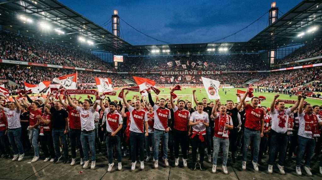 A vibrant scene capturing enthusiastic fans jumping in the Südkurve during a match day at RheinEnergieStadion. In the foreground, diverse supporters wearing colorful jerseys and scarves display a mix of joy and excitement, with arms raised and faces expressing passion. The middle section showcases the iconic stadium architecture, highlighting its modern cable-stayed structure, glimmering under the bright stadium lights. In the background, a packed crowd waves flags, creating a dynamic atmosphere filled with energy. The lighting is a mix of natural dusk and artificial spotlights, enhancing the lively mood. The perspective is slightly elevated, offering a panoramic view of the fans and stadium, conveying the essence of a thrilling match day experience. A vibrant scene capturing enthusiastic fans jumping in the Südkurve during a match day at RheinEnergieStadion. In the foreground, diverse supporters wearing colorful jerseys and scarves display a mix of joy and excitement, with arms raised and faces expressing passion. The middle section showcases the iconic stadium architecture, highlighting its modern cable-stayed structure, glimmering under the bright stadium lights. In the background, a packed crowd waves flags, creating a dynamic atmosphere filled with energy. The lighting is a mix of natural dusk and artificial spotlights, enhancing the lively mood. The perspective is slightly elevated, offering a panoramic view of the fans and stadium, conveying the essence of a thrilling match day experience.