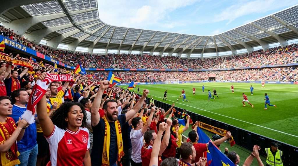 A vibrant scene capturing fans cheering passionately in the stands close to the football pitch. In the foreground, diverse groups of fans are wearing colorful jerseys and scarves, displaying excitement with raised arms and joyful expressions. The middle ground features the lively pitch, where players are in action, emphasizing the thrill of the match. The background showcases a modern stadium architecture, hinting at the future of sustainable design with solar panels integrated into the structure. Bright sunlight bathes the scene, casting dynamic shadows, and the atmosphere is electric with anticipation and communal spirit. Use a wide-angle lens to capture the breadth of the crowd, with a focus on vibrant colors and facial expressions that convey an infectious enthusiasm. A vibrant scene capturing fans cheering passionately in the stands close to the football pitch. In the foreground, diverse groups of fans are wearing colorful jerseys and scarves, displaying excitement with raised arms and joyful expressions. The middle ground features the lively pitch, where players are in action, emphasizing the thrill of the match. The background showcases a modern stadium architecture, hinting at the future of sustainable design with solar panels integrated into the structure. Bright sunlight bathes the scene, casting dynamic shadows, and the atmosphere is electric with anticipation and communal spirit. Use a wide-angle lens to capture the breadth of the crowd, with a focus on vibrant colors and facial expressions that convey an infectious enthusiasm.