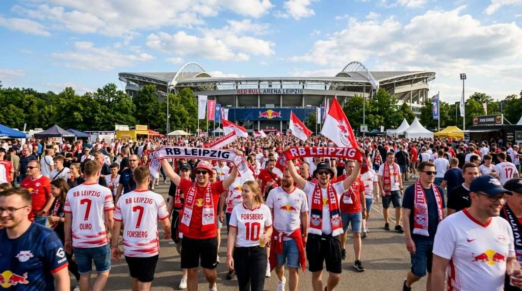 A vibrant scene depicting enthusiastic fans walking toward the Red Bull Arena Leipzig on match day, set near the Festwiese. In the foreground, diverse groups of fans in casual clothing, wearing team colors and jerseys, are engaged in lively conversations, some holding scarves and flags. The middle ground features the iconic architecture of the stadium, with its suspended canopy visible above, surrounded by greenery and event tents, adding to the festive atmosphere. The background showcases a clear blue sky with fluffy white clouds. The sunlight casts a warm, golden glow on the scene, enhancing the joyful mood of anticipation and excitement as people gather for the event. The angle captures the depth of the crowd and the stadium, evoking a sense of community and celebration. A vibrant scene depicting enthusiastic fans walking toward the Red Bull Arena Leipzig on match day, set near the Festwiese. In the foreground, diverse groups of fans in casual clothing, wearing team colors and jerseys, are engaged in lively conversations, some holding scarves and flags. The middle ground features the iconic architecture of the stadium, with its suspended canopy visible above, surrounded by greenery and event tents, adding to the festive atmosphere. The background showcases a clear blue sky with fluffy white clouds. The sunlight casts a warm, golden glow on the scene, enhancing the joyful mood of anticipation and excitement as people gather for the event. The angle captures the depth of the crowd and the stadium, evoking a sense of community and celebration.