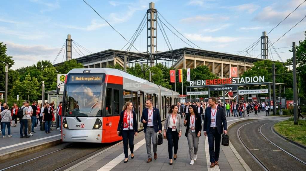 A vibrant scene of visitors arriving by a sleek, modern tram at the entrance of the RheinEnergieStadion, with its innovative cable-stayed architecture prominently featured in the background. In the foreground, a diverse group of professionally dressed fans disembarks, excitedly discussing the upcoming stadium tour. The middle ground includes the tram's shiny metallic surface reflecting the late afternoon sunlight, while lush greenery surrounds the stadium, enhancing the eco-friendly atmosphere. The background showcases the impressive silhouette of the cathedral-like structure, with blue skies overhead casting diffused light. The overall mood is energetic and welcoming, symbolizing a harmonious blend of modernity and tradition. Focused on a wide-angle perspective, capturing the bustling activity and architectural marvel. A vibrant scene of visitors arriving by a sleek, modern tram at the entrance of the RheinEnergieStadion, with its innovative cable-stayed architecture prominently featured in the background. In the foreground, a diverse group of professionally dressed fans disembarks, excitedly discussing the upcoming stadium tour. The middle ground includes the tram's shiny metallic surface reflecting the late afternoon sunlight, while lush greenery surrounds the stadium, enhancing the eco-friendly atmosphere. The background showcases the impressive silhouette of the cathedral-like structure, with blue skies overhead casting diffused light. The overall mood is energetic and welcoming, symbolizing a harmonious blend of modernity and tradition. Focused on a wide-angle perspective, capturing the bustling activity and architectural marvel.