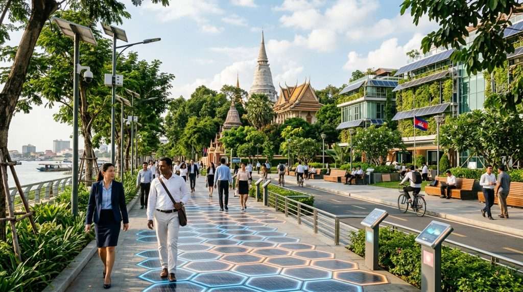 A vibrant urban scene depicting the Sisowath Quay kinetic microgrid pathway at Wat Phnom, highlighting innovative, solar-powered streets that generate their own energy. In the foreground, diverse pedestrians in professional business attire stroll along a tree-lined walkway, with interactive kinetic tiles beneath their feet glowing softly. The middle ground features modern, eco-friendly buildings with green facades and integrated solar panels. A mix of lush greenery and seating areas encourage community interaction. In the background, the majestic Wat Phnom rises, framed by a bright, clear sky with gentle sunlight illuminating the scene. The atmosphere is lively yet serene, showcasing a harmonious blend of technology and nature, with a focus on sustainability and forward-thinking design. A vibrant urban scene depicting the Sisowath Quay kinetic microgrid pathway at Wat Phnom, highlighting innovative, solar-powered streets that generate their own energy. In the foreground, diverse pedestrians in professional business attire stroll along a tree-lined walkway, with interactive kinetic tiles beneath their feet glowing softly. The middle ground features modern, eco-friendly buildings with green facades and integrated solar panels. A mix of lush greenery and seating areas encourage community interaction. In the background, the majestic Wat Phnom rises, framed by a bright, clear sky with gentle sunlight illuminating the scene. The atmosphere is lively yet serene, showcasing a harmonious blend of technology and nature, with a focus on sustainability and forward-thinking design.