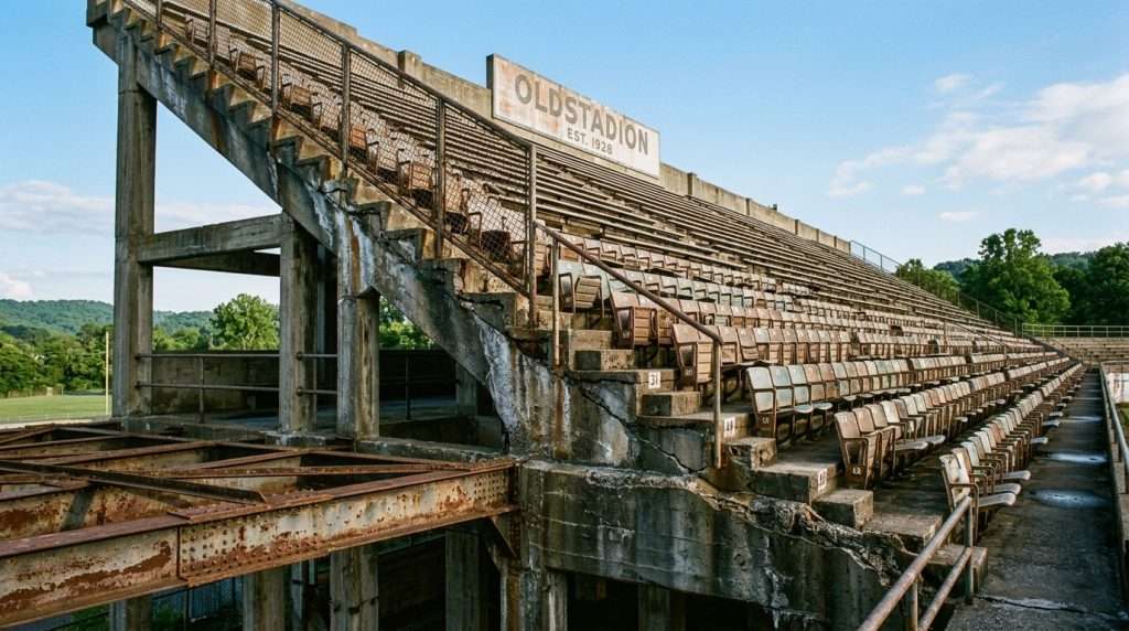 A weathered concrete and steel stadium stand, showcasing textures of age and resilience, glistening under a reflective protective glaze. In the foreground, intricate details of rusted metal beams and cracked concrete are illuminated by soft, natural sunlight casting gentle shadows. The middle ground features rows of empty seats, each with a unique patina, evoking a sense of history and nostalgia. In the background, a clear blue sky provides a vivid contrast, while distant green trees frame the structure, hinting at environmental integration. The scene is shot from a low angle to capture the towering presence of the stand, emphasizing its monumental architecture. The overall mood conveys both a sense of enduring strength and a hopeful vision of sustainable transformation, harmonizing with nature and innovation. A weathered concrete and steel stadium stand, showcasing textures of age and resilience, glistening under a reflective protective glaze. In the foreground, intricate details of rusted metal beams and cracked concrete are illuminated by soft, natural sunlight casting gentle shadows. The middle ground features rows of empty seats, each with a unique patina, evoking a sense of history and nostalgia. In the background, a clear blue sky provides a vivid contrast, while distant green trees frame the structure, hinting at environmental integration. The scene is shot from a low angle to capture the towering presence of the stand, emphasizing its monumental architecture. The overall mood conveys both a sense of enduring strength and a hopeful vision of sustainable transformation, harmonizing with nature and innovation.