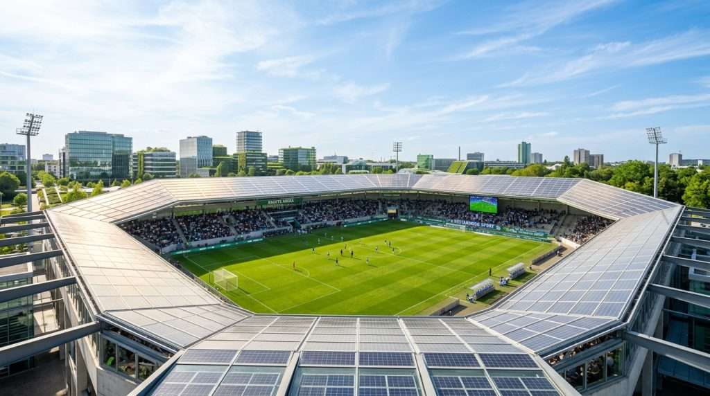 An eight-sided stadium featuring a translucent solar roof, capturing sunlight above a lush green grass pitch. The stadium's unique geometry is highlighted, with a softly glowing roof that reflects innovative solar technology. In the foreground, intricate details of the solar panels can be seen, seamlessly integrated into the stadium structure. The middle ground showcases the vibrant grass field, well-maintained and inviting, with goalposts at either end. In the background, a skyline with eco-friendly architecture rises, under a bright blue sky. The lighting is warm and inviting, evoking a sense of optimism and sustainability. The overall mood should feel modern and forward-thinking, showcasing the blend of sport and renewable energy in a harmonious environment. An eight-sided stadium featuring a translucent solar roof, capturing sunlight above a lush green grass pitch. The stadium's unique geometry is highlighted, with a softly glowing roof that reflects innovative solar technology. In the foreground, intricate details of the solar panels can be seen, seamlessly integrated into the stadium structure. The middle ground showcases the vibrant grass field, well-maintained and inviting, with goalposts at either end. In the background, a skyline with eco-friendly architecture rises, under a bright blue sky. The lighting is warm and inviting, evoking a sense of optimism and sustainability. The overall mood should feel modern and forward-thinking, showcasing the blend of sport and renewable energy in a harmonious environment.