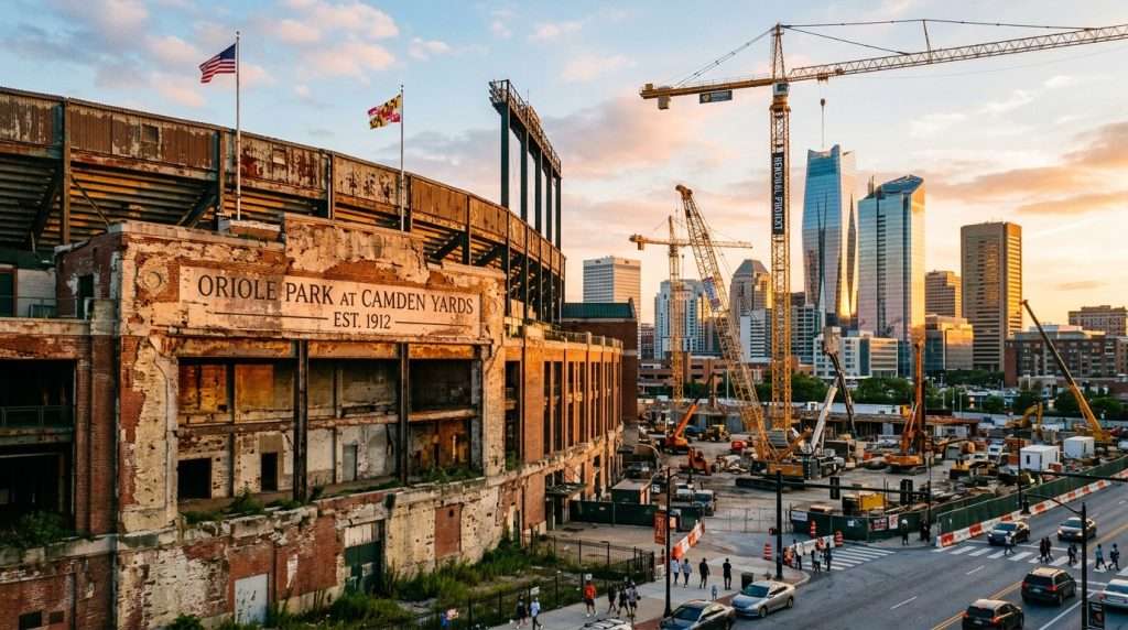 An expansive view of an old stadium, its weathered exterior showcasing the passage of time, set against a modern city skyline. In the foreground, the stadium's crumbling facade is highlighted by warm golden hour sunlight, capturing its historical significance. The middle ground features an array of cranes and construction equipment, symbolizing renewal and innovation. In the background, the sleek silhouettes of futuristic skyscrapers rise, their glass reflecting the setting sun. The atmosphere is hopeful and dynamic, emphasizing the contrast between the old structure and the new developments. A wide-angle perspective enhances the depth of the scene, with a soft bokeh effect on the distant skyline, creating a sense of potential and transformation in the urban landscape. An expansive view of an old stadium, its weathered exterior showcasing the passage of time, set against a modern city skyline. In the foreground, the stadium's crumbling facade is highlighted by warm golden hour sunlight, capturing its historical significance. The middle ground features an array of cranes and construction equipment, symbolizing renewal and innovation. In the background, the sleek silhouettes of futuristic skyscrapers rise, their glass reflecting the setting sun. The atmosphere is hopeful and dynamic, emphasizing the contrast between the old structure and the new developments. A wide-angle perspective enhances the depth of the scene, with a soft bokeh effect on the distant skyline, creating a sense of potential and transformation in the urban landscape.