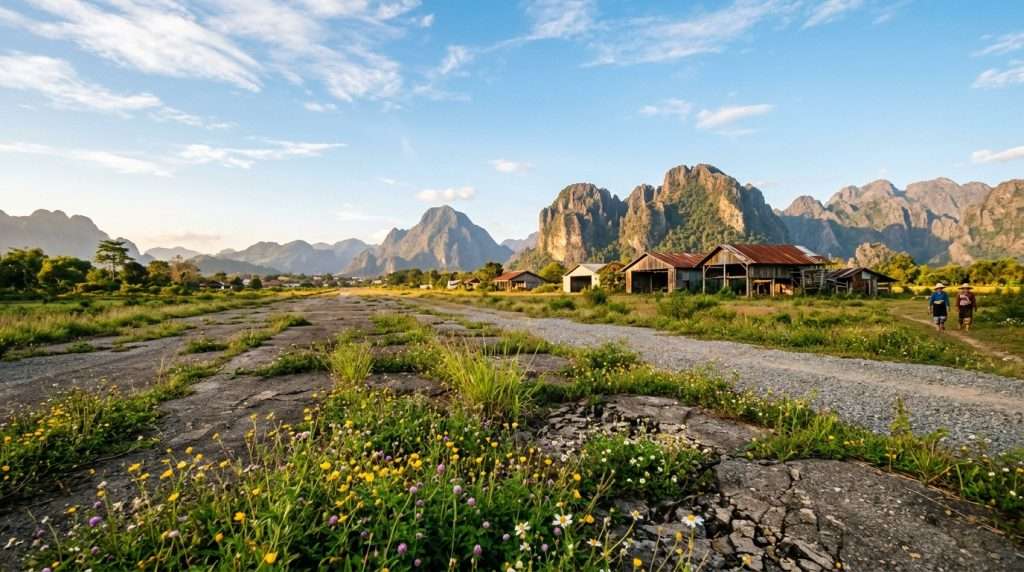 An expansive view of the old airstrip in Vang Vieng town center, capturing the vast open ground with scattered remnants of tarmac that's now cracked and overgrown with vibrant green grasses. In the foreground, include small wildflowers peeking through the cracks, while the middle ground features a few rustic, weathered hangars silhouetted against the striking backdrop of limestone karst mountains. The background showcases a clear blue sky dotted with wispy white clouds, highlighting the natural beauty of the landscape. Soft, warm sunlight bathes the scene in a golden hue, creating a peaceful and reflective atmosphere. The composition should be shot from a low angle, emphasizing the scale of the landscape while capturing the essence of a forgotten yet beautiful site. An expansive view of the old airstrip in Vang Vieng town center, capturing the vast open ground with scattered remnants of tarmac that's now cracked and overgrown with vibrant green grasses. In the foreground, include small wildflowers peeking through the cracks, while the middle ground features a few rustic, weathered hangars silhouetted against the striking backdrop of limestone karst mountains. The background showcases a clear blue sky dotted with wispy white clouds, highlighting the natural beauty of the landscape. Soft, warm sunlight bathes the scene in a golden hue, creating a peaceful and reflective atmosphere. The composition should be shot from a low angle, emphasizing the scale of the landscape while capturing the essence of a forgotten yet beautiful site.