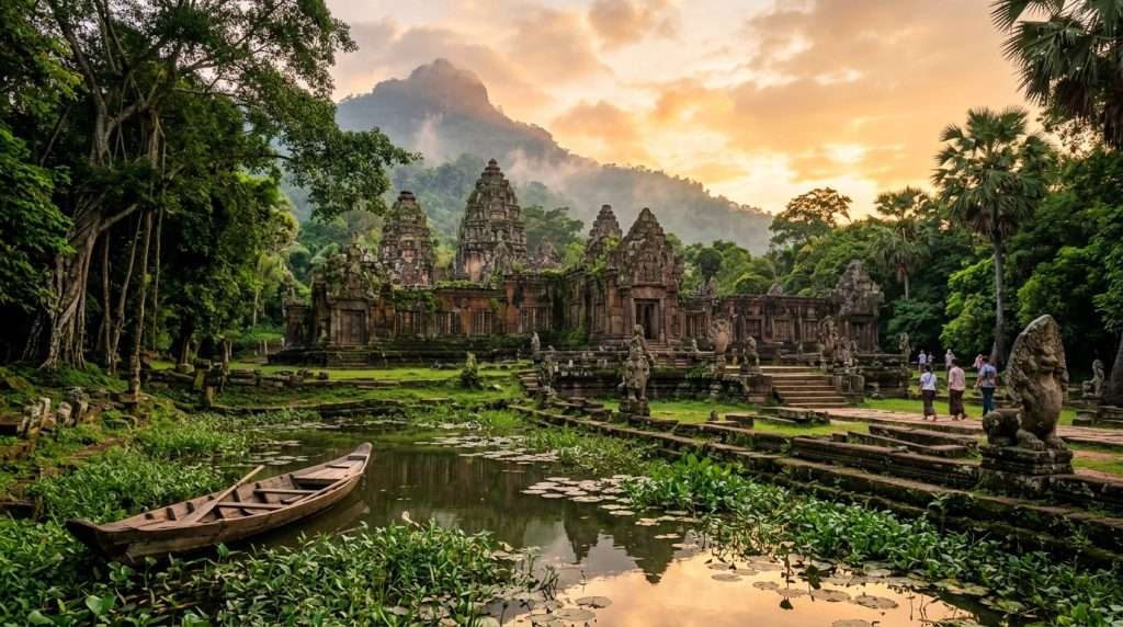 Ancient city remains of the Khmer Empire near Vat Phou, featuring intricate stone carvings and moss-covered ruins nestled among dense, lush greenery. In the foreground, a serene water channel gently flows, reflecting the vibrant hues of the surrounding nature. In the middle ground, towering remnants of temples rise, showcasing their architectural grandeur with intricate motifs and weathered stones. The background reveals a majestic sacred mountain, shrouded in a soft mist, under a warm golden sunset that casts a mystical glow over the scene. The atmosphere is tranquil and reverent, evoking a sense of awe at the ancient civilization's harmony with nature. Shot with a wide-angle lens to capture the expanse and depth, ensuring rich details and vibrant colors are emphasized.