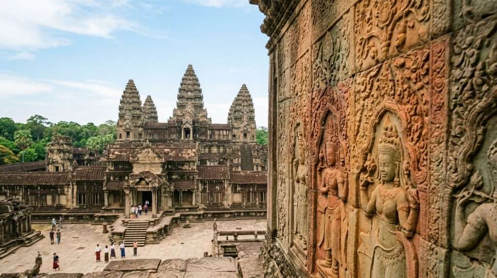 Angkor Wat sandstone surface adorned with non-invasive mineral masonry glazes, featuring a spectrum of earthy tones and intricate patterns that complement the ancient architecture. In the foreground, focus on the detailed texture of the stone with glazes shimmering subtly under soft, diffused sunlight, highlighting the craftsmanship without obscuring the underlying sandstone. In the middle ground, capture the grandeur of Angkor Wat, its towering spires framed against a bright, clear blue sky, with wispy clouds adding depth. The background includes lush greenery typical of the Cambodian landscape, creating a tranquil and harmonious atmosphere. Use a wide-angle lens to encompass the majestic scale of the temple, and ensure the scene conveys a sense of preservation and reverence for heritage. The overall mood should evoke a serene coexistence of history and innovation. Angkor Wat sandstone surface adorned with non-invasive mineral masonry glazes, featuring a spectrum of earthy tones and intricate patterns that complement the ancient architecture. In the foreground, focus on the detailed texture of the stone with glazes shimmering subtly under soft, diffused sunlight, highlighting the craftsmanship without obscuring the underlying sandstone. In the middle ground, capture the grandeur of Angkor Wat, its towering spires framed against a bright, clear blue sky, with wispy clouds adding depth. The background includes lush greenery typical of the Cambodian landscape, creating a tranquil and harmonious atmosphere. Use a wide-angle lens to encompass the majestic scale of the temple, and ensure the scene conveys a sense of preservation and reverence for heritage. The overall mood should evoke a serene coexistence of history and innovation.