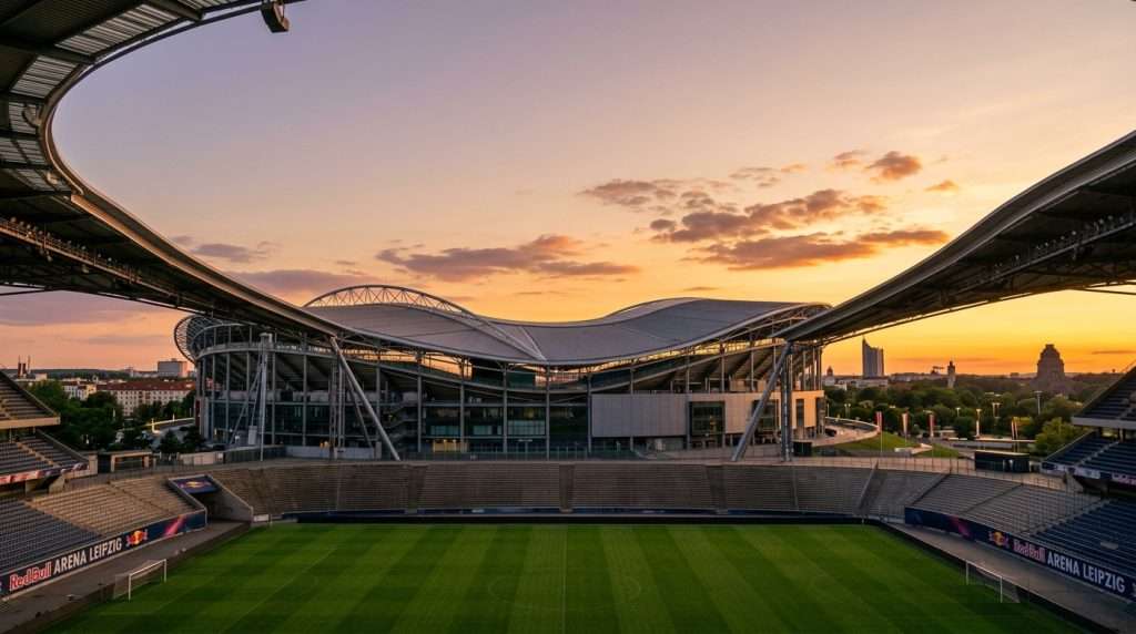 Curved roof lines of the Red Bull Arena Leipzig elegantly bend under the warm hues of the golden hour, creating a stunning silhouette against the sky. In the foreground, a vibrant green bowl with lush grass is nestled, inviting visitors to enjoy the view. The architectural features of the arena are highlighted by the soft, diffused light, creating a tranquil yet dynamic atmosphere. The middle ground showcases the arena's modern design, blending seamlessly with the surrounding landscape. The background reveals a gradient sky transitioning from deep orange to soft lavender, emphasizing the serenity of dusk. The image should be captured from a low angle to accentuate the contours of the roof and the bowl, evoking a sense of awe and ecological harmony. Curved roof lines of the Red Bull Arena Leipzig elegantly bend under the warm hues of the golden hour, creating a stunning silhouette against the sky. In the foreground, a vibrant green bowl with lush grass is nestled, inviting visitors to enjoy the view. The architectural features of the arena are highlighted by the soft, diffused light, creating a tranquil yet dynamic atmosphere. The middle ground showcases the arena's modern design, blending seamlessly with the surrounding landscape. The background reveals a gradient sky transitioning from deep orange to soft lavender, emphasizing the serenity of dusk. The image should be captured from a low angle to accentuate the contours of the roof and the bowl, evoking a sense of awe and ecological harmony.