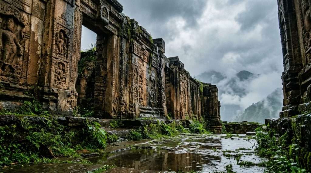 Eroded ancient walls at a heritage site, showcasing intricate carvings partially obscured by layers of weathered stone, highlighting the impact of monsoon water damage. In the foreground, vibrant green vegetation clings to the cracks, while puddles of rainwater reflect the crumbling architecture. In the middle, a slow trickle of water runs down the walls, revealing a blend of earthy tones and textures. The background portrays a misty, atmospheric mountain landscape under a cloudy, softened light, creating a sense of tranquility despite the decay. The angle is low, emphasizing the majesty of the walls rising against the natural elements. The overall mood conveys a haunting beauty, blending nature with the remnants of human history.