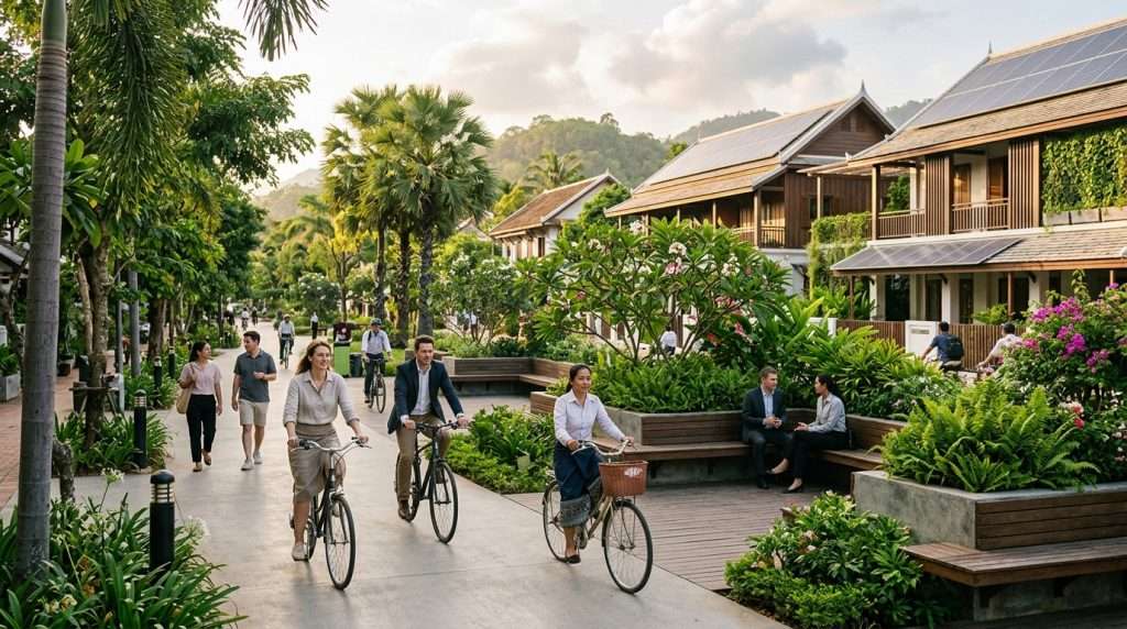 In a serene urban corridor designed for green mobility, showcase a vibrant scene with cyclists and pedestrians enjoying the space. In the foreground, depict a diverse group of individuals dressed in professional business attire and modest casual clothing, riding bicycles and strolling along a smooth, tree-lined pathway. In the middle, integrate lush green planters and benches where people engage in conversation, surrounded by native plants that enhance the area’s eco-friendliness. In the background, include modern, low-rise buildings featuring sustainable architecture and solar panels, seamlessly merging with the landscape. Capture warm, natural lighting of a late afternoon, emphasizing a peaceful, sustainable atmosphere. Use a slight overhead angle to encompass the community feel, highlighting the harmony between human activity and nature in this envisioned future cityscape of Luang Prabang.