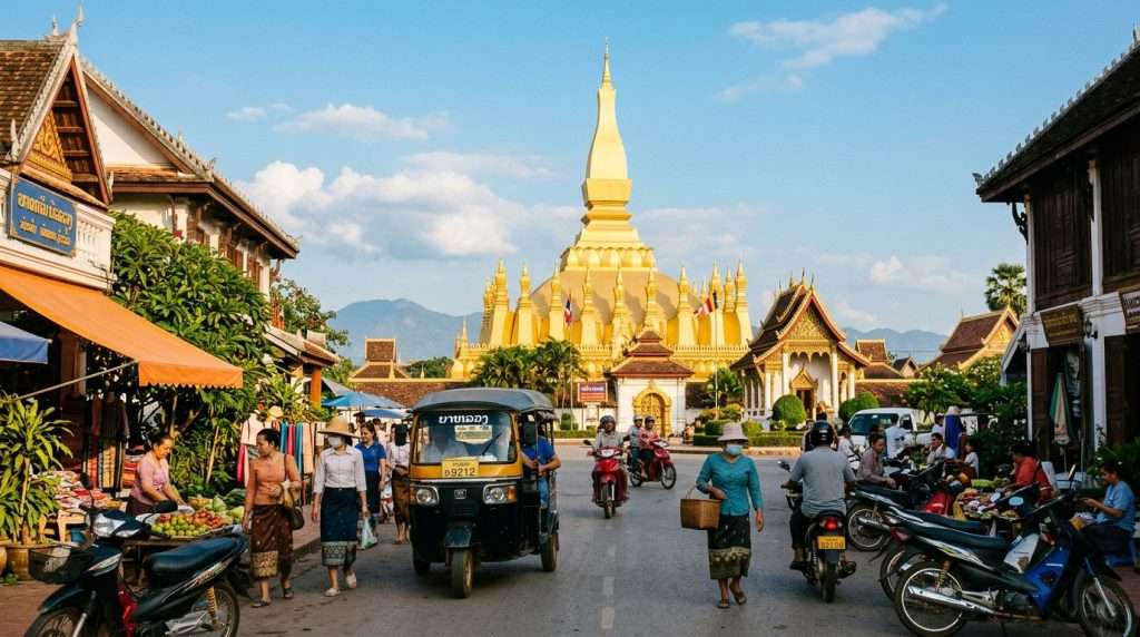 Low-rise buildings in the historic core of Vientiane, showcasing Lao architectural elements, nestled near the majestic Pha That Luang stupa. In the foreground, vibrant street life with modestly dressed locals engaging in daily activities, framed by lush greenery and colorful market stalls. The middle ground displays the elegant stupa, its golden spire reflecting sunlight, surrounded by traditional buildings with tiled roofs and ornate details. In the background, clear blue skies accentuate the serene atmosphere, with a hint of distant mountains. The scene is bathed in warm natural light, creating a peaceful yet lively ambiance, captured from a low angle to emphasize the architectural beauty and cultural richness of the area. Low-rise buildings in the historic core of Vientiane, showcasing Lao architectural elements, nestled near the majestic Pha That Luang stupa. In the foreground, vibrant street life with modestly dressed locals engaging in daily activities, framed by lush greenery and colorful market stalls. The middle ground displays the elegant stupa, its golden spire reflecting sunlight, surrounded by traditional buildings with tiled roofs and ornate details. In the background, clear blue skies accentuate the serene atmosphere, with a hint of distant mountains. The scene is bathed in warm natural light, creating a peaceful yet lively ambiance, captured from a low angle to emphasize the architectural beauty and cultural richness of the area.