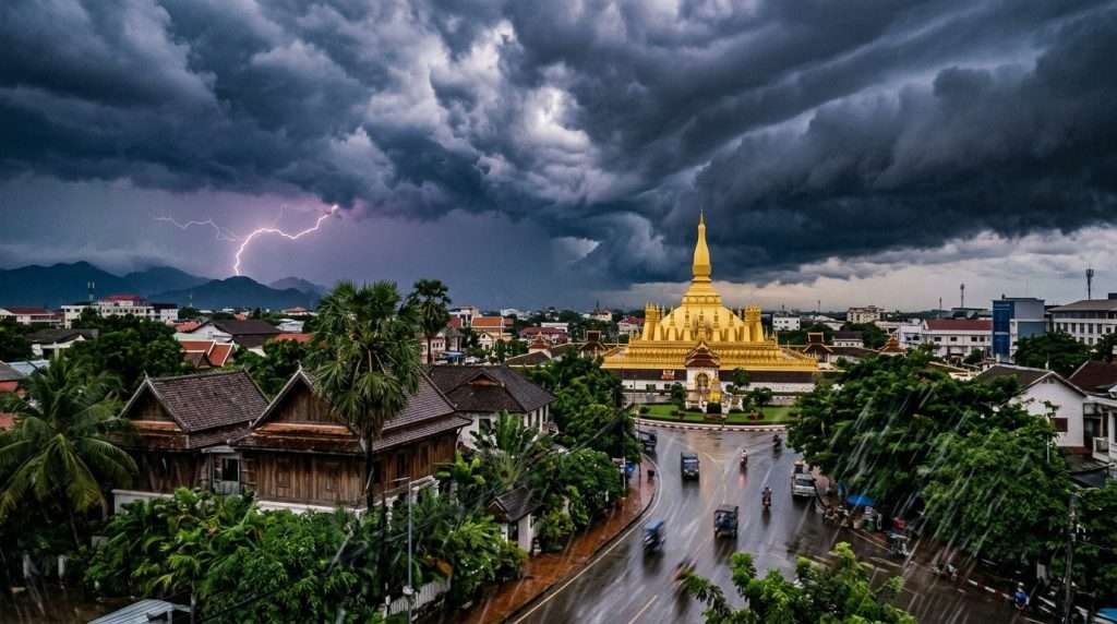 Monsoon clouds gather over the vibrant skyline of Vientiane, casting dramatic shadows on the city below. In the foreground, lush greenery and traditional Lao architecture reflect the impact of climate change, while swirling rain patterns create a sense of movement and urgency. The middle ground features the iconic That Luang Stupa, elegantly framed by intense, darkening clouds that hint at an impending downpour. In the background, distant mountains loom under a moody sky, illuminated by occasional lightning flashes that contrast with the deep blues and grays of the clouds. The scene captures a vivid atmosphere, showcasing the natural beauty of Vientiane juxtaposed with the challenges of climate change. The lighting is dynamic, highlighting the complex textures of the clouds and the lush environment beneath them, creating an impactful visual story. Monsoon clouds gather over the vibrant skyline of Vientiane, casting dramatic shadows on the city below. In the foreground, lush greenery and traditional Lao architecture reflect the impact of climate change, while swirling rain patterns create a sense of movement and urgency. The middle ground features the iconic That Luang Stupa, elegantly framed by intense, darkening clouds that hint at an impending downpour. In the background, distant mountains loom under a moody sky, illuminated by occasional lightning flashes that contrast with the deep blues and grays of the clouds. The scene captures a vivid atmosphere, showcasing the natural beauty of Vientiane juxtaposed with the challenges of climate change. The lighting is dynamic, highlighting the complex textures of the clouds and the lush environment beneath them, creating an impactful visual story.