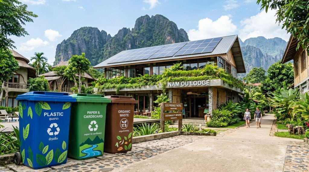 Sorted recycling bins, each distinctly labeled for plastic, paper, and organic waste, arranged neatly outside a modern eco-friendly hotel in Vang Vieng. In the foreground, the bins are vibrant and eye-catching, made from recycled materials with nature-inspired designs. In the middle ground, the hotel features large windows showcasing lush green terraces and solar panels on the roof, harmonizing with the surrounding karst mountains. The background captures the breathtaking limestone cliffs under a bright blue sky, creating a serene atmosphere. Soft, natural light filters through the scene, enhancing the colors of the bins and the hotel's design. The overall mood conveys sustainability and community support for environmental initiatives, reflecting a commitment to eco-friendly practices. Sorted recycling bins, each distinctly labeled for plastic, paper, and organic waste, arranged neatly outside a modern eco-friendly hotel in Vang Vieng. In the foreground, the bins are vibrant and eye-catching, made from recycled materials with nature-inspired designs. In the middle ground, the hotel features large windows showcasing lush green terraces and solar panels on the roof, harmonizing with the surrounding karst mountains. The background captures the breathtaking limestone cliffs under a bright blue sky, creating a serene atmosphere. Soft, natural light filters through the scene, enhancing the colors of the bins and the hotel's design. The overall mood conveys sustainability and community support for environmental initiatives, reflecting a commitment to eco-friendly practices.