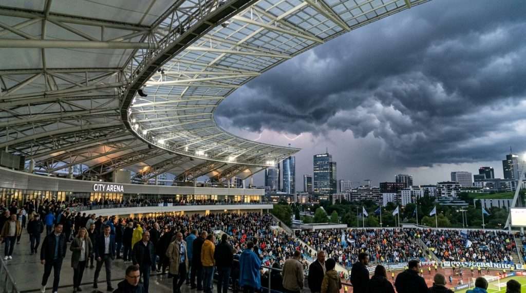 Storm clouds loom dramatically over an urban skyline, casting shadows on a modern stadium with a sleek, suspended canopy design. The foreground features the stadium roof, partially open, showcasing its innovative architecture, while the middle ground displays scattered fans dressed in smart casual attire, eagerly anticipating the upcoming event. In the background, the cityscape blends futuristic skyscrapers with green spaces, enhancing the contrast against the darkening sky. The scene is illuminated by diffused twilight light, creating a moody and atmospheric feel, with flashes of distant lightning hinting at an impending storm. The perspective captures a slightly low angle, emphasizing the grandeur of the stadium and the depth of the clouds above. Storm clouds loom dramatically over an urban skyline, casting shadows on a modern stadium with a sleek, suspended canopy design. The foreground features the stadium roof, partially open, showcasing its innovative architecture, while the middle ground displays scattered fans dressed in smart casual attire, eagerly anticipating the upcoming event. In the background, the cityscape blends futuristic skyscrapers with green spaces, enhancing the contrast against the darkening sky. The scene is illuminated by diffused twilight light, creating a moody and atmospheric feel, with flashes of distant lightning hinting at an impending storm. The perspective captures a slightly low angle, emphasizing the grandeur of the stadium and the depth of the clouds above.
