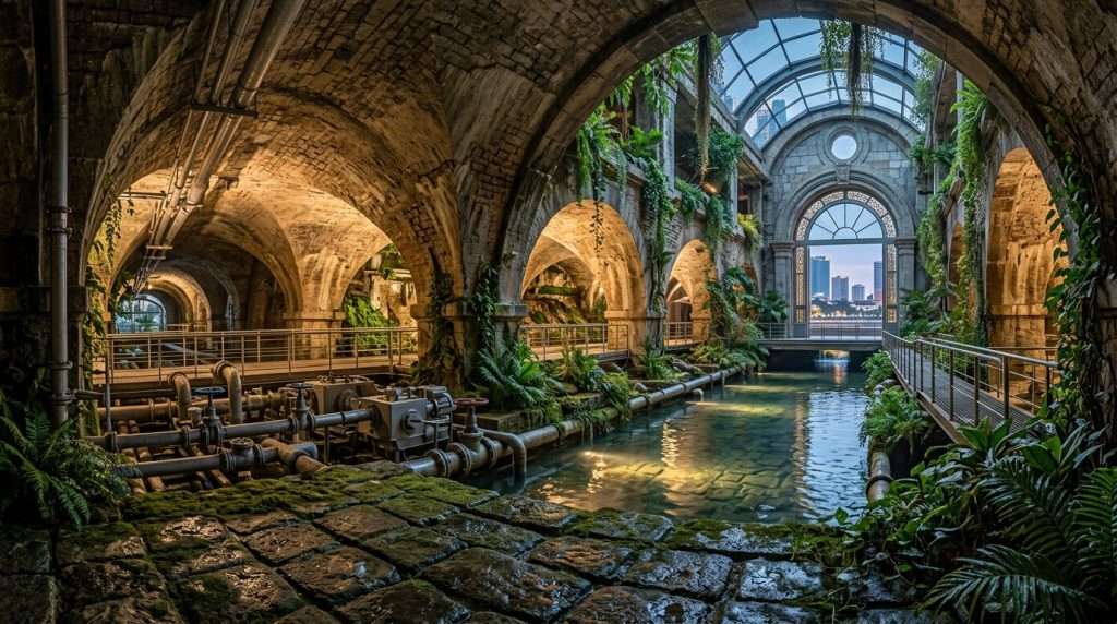 Subsurface hydrologic heritage engineering vaults beneath Sisowath Quay, showcasing intricate, cavernous structures with exposed pipes, advanced water management systems, and lush, integrated plant life that harmonizes with the engineering. In the foreground, detailed textures of wet stone and moss create a contrast with the sophisticated technology. The middle ground features arching tunnels illuminated by soft ambient lighting, casting reflections on underground water channels. The background reveals distant outlines of Phnom Penh’s skyline, blending natural elements with modern architecture, hinting at a sustainable future. The mood is serene yet innovative, evoking a sense of discovery and harmony between nature and engineering, captured in a wide-angle perspective for dramatic effect. Subsurface hydrologic heritage engineering vaults beneath Sisowath Quay, showcasing intricate, cavernous structures with exposed pipes, advanced water management systems, and lush, integrated plant life that harmonizes with the engineering. In the foreground, detailed textures of wet stone and moss create a contrast with the sophisticated technology. The middle ground features arching tunnels illuminated by soft ambient lighting, casting reflections on underground water channels. The background reveals distant outlines of Phnom Penh’s skyline, blending natural elements with modern architecture, hinting at a sustainable future. The mood is serene yet innovative, evoking a sense of discovery and harmony between nature and engineering, captured in a wide-angle perspective for dramatic effect.