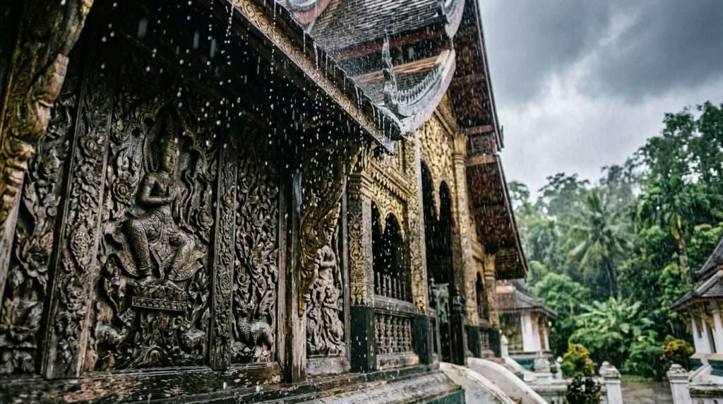 Weathered teak carvings on a temple building, intricately detailed with natural motifs and worn textures, glistening under the heavy monsoon rain. In the foreground, droplets cascade off the ornate carvings, capturing the essence of resilience. The middle ground features the temple structure, adorned with faded gold leaf accents, revealing signs of age while standing strong against the downpour. The background showcases lush greenery typical of Luang Prabang, blurred slightly to emphasize the temple. Soft, diffused lighting from the overcast sky creates a somber yet serene atmosphere, enhancing the rich browns of the teak and the gentle blues of the rain-soaked surroundings. The angle is a low perspective, emphasizing the height and grandeur of the temple against the dramatic weather.