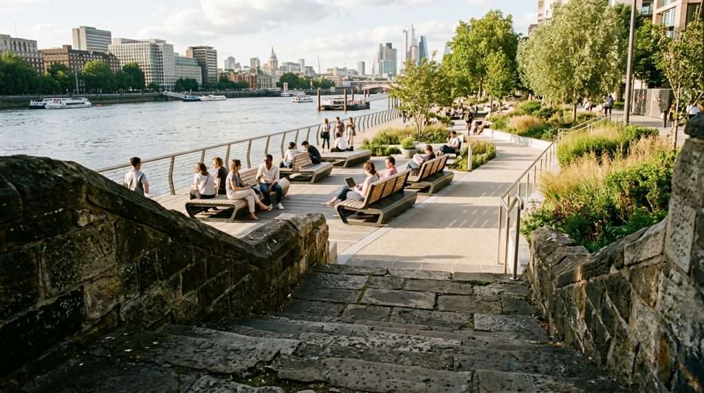 Worn stone steps of an old embankment, showcasing age and history, lead down to new, modern seating areas designed for comfort and community interaction. The foreground captures intricate textures of the weathered stones, their surfaces rough and uneven, telling stories of the past. In the middle ground, sleek, contemporary benches invite people to sit and enjoy the surroundings, blending harmoniously with the historic elements. In the background, soft greenery and cityscape hint at the revitalization of the space. The scene is bathed in warm, golden sunlight, casting gentle shadows and creating a serene, inviting atmosphere. The angle is slightly elevated, offering a panoramic view that emphasizes the contrast between the old and the new, evoking a sense of nostalgia amidst modernity. Worn stone steps of an old embankment, showcasing age and history, lead down to new, modern seating areas designed for comfort and community interaction. The foreground captures intricate textures of the weathered stones, their surfaces rough and uneven, telling stories of the past. In the middle ground, sleek, contemporary benches invite people to sit and enjoy the surroundings, blending harmoniously with the historic elements. In the background, soft greenery and cityscape hint at the revitalization of the space. The scene is bathed in warm, golden sunlight, casting gentle shadows and creating a serene, inviting atmosphere. The angle is slightly elevated, offering a panoramic view that emphasizes the contrast between the old and the new, evoking a sense of nostalgia amidst modernity.
